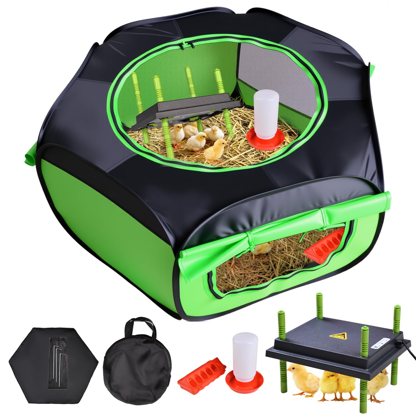 Tetuga Caja de cría de pollo para pollitos, kit de iniciación, caja de incubadora mejorada para pollitos, tienda de campaña con placa de calefacción de 10 x 12 pulgadas, paquetes 4 en 1 con comedero