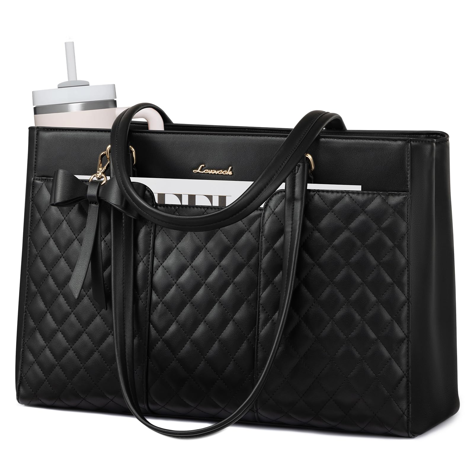 LOVEVOOK Grote handtas voor dames, PU-leren werktas, laptoptas, grote waterflestas voor buiten, lerarentas, aktetas, stijlvolle shoppertas voor universiteit, business, kantoor en reizen, zwart, bruin