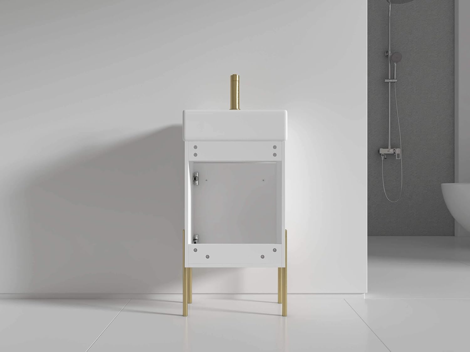 Fine Fixtures - Modern White 18" Bathroom Vanity Set, Satin Brass Hardware, vitreous China Sink Top
