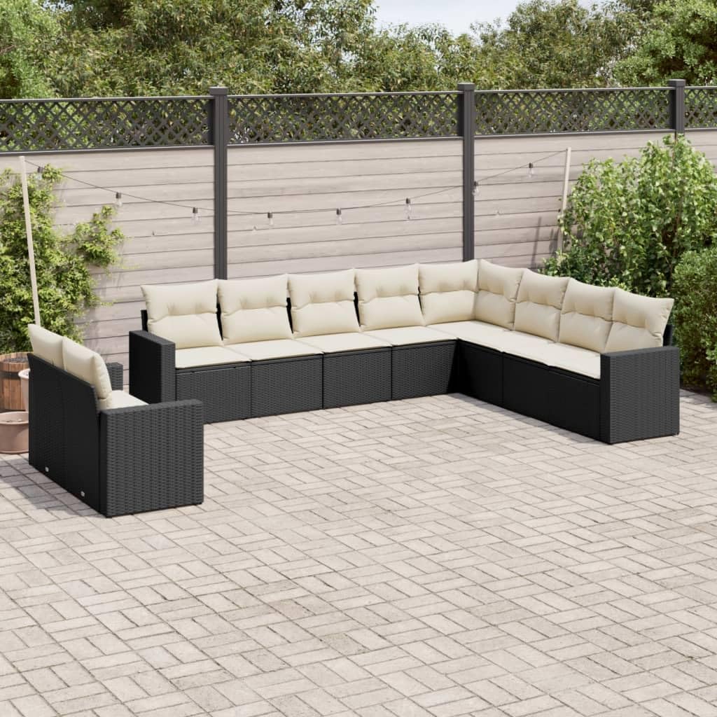 Set divani da giardino 10 pezzi in polyrattan nero con cuscini sfoderabili, design modulare con seduta angolare, poltrona e funzione di conservazione ideale per terrazzo