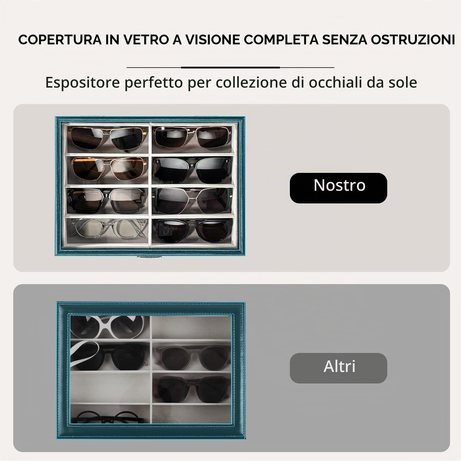 ProCase Porta Occhiali da Sole in Legno 8 Slots, Porta Occhiali Multiplo da Casa, Espositore Occhiali da Sole con Coperchio in Vetro -Nero