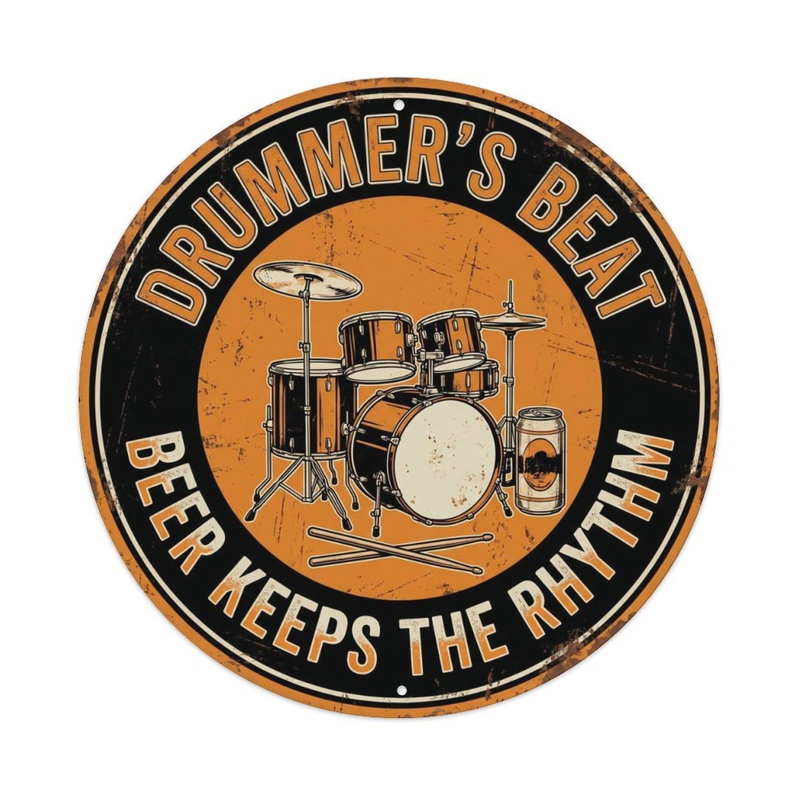 Retro Bar Drummer Beating Garage Beer Metal Tin Sign Plaque Wall Decor for Cafe, Club Bar, Office, Home Garden Round Metal Poster 8x8Inch
