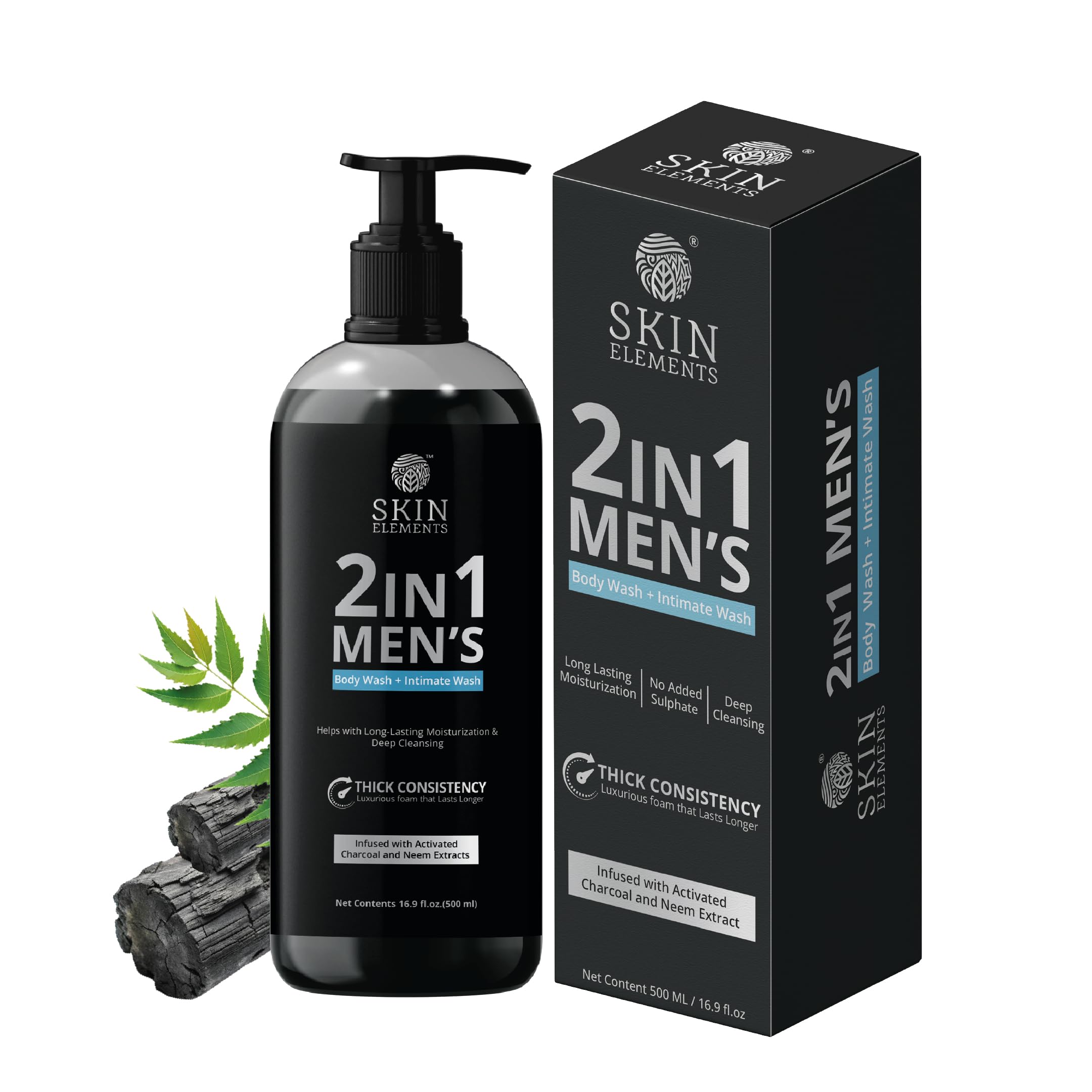 Skin Elements 2-in-1 Body Wash & Intimate Wash for Men| Deep Cleansing Shower Gel| Infused with Activated Charcoal & Neem Extracts| Thicker