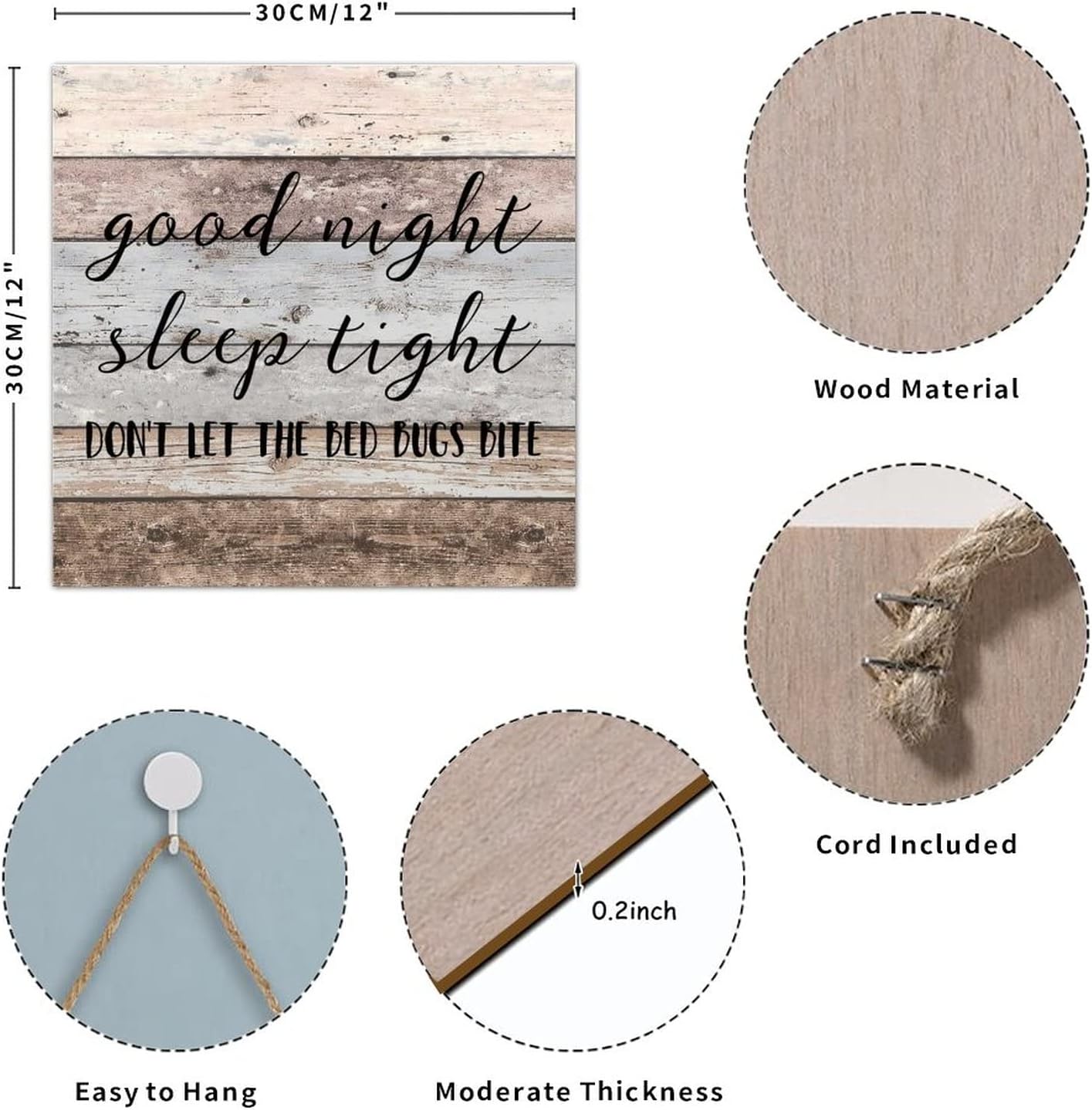 Classical Wood Sign Plaque Good Night Sleep Tight Don't Let The Bed Bugs Bite Wood Wall Pediment Wall Hanging Door Plaque Old Fashioned Home Wall Hanging Decor for Dining Room Living Room 12x12 Inch