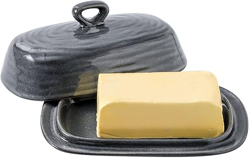 Miniatura 11 de Hasense Mantequillera con tapa, plato de mantequilla de cerámica con tapa para encimera, soporte de mantequilla de porcelana con diseño de mango