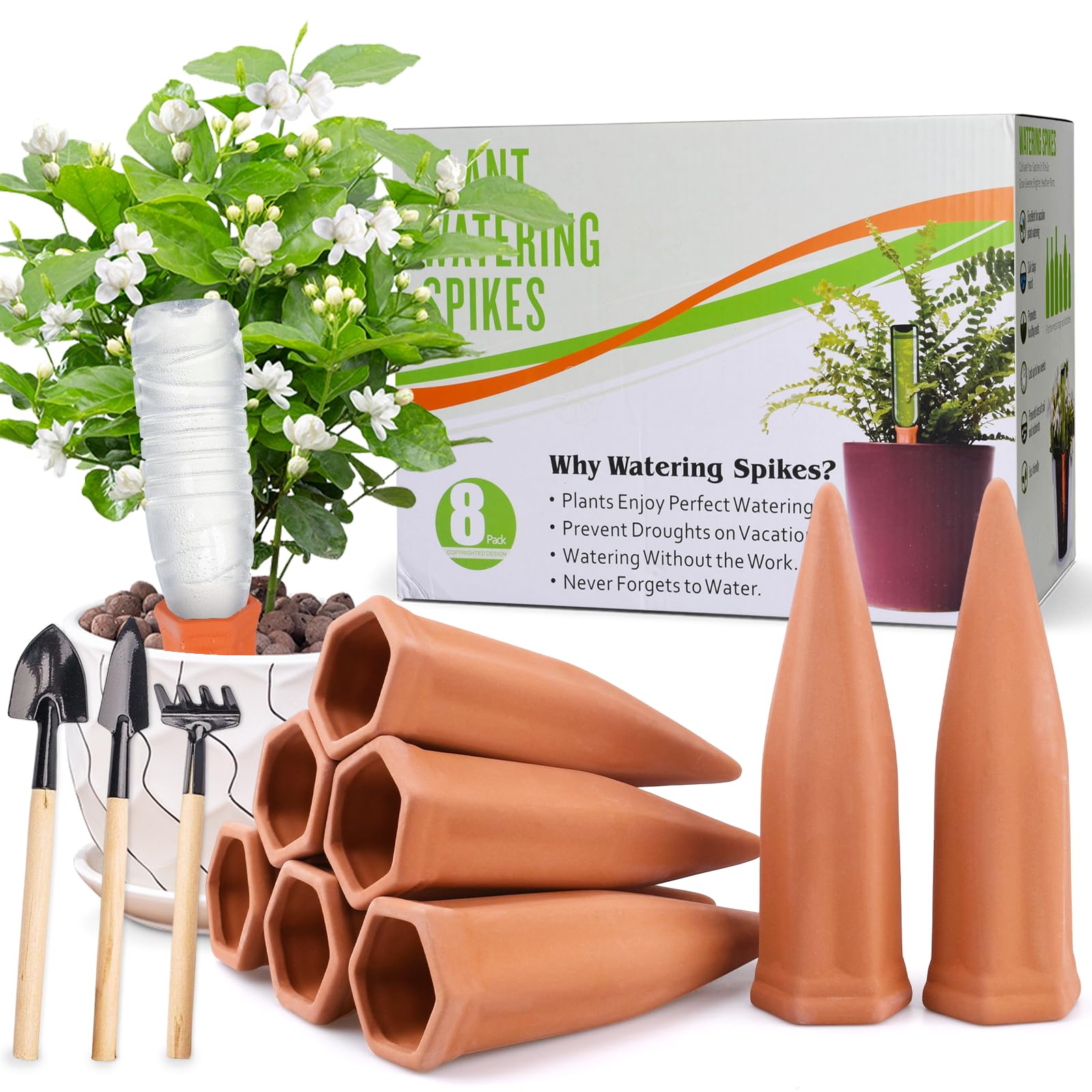 8 Picos Riego Plantas,Riego Automatico Macetas,Sistema de Riego Automático de Terracota,Dispositivo de Irrigación Automático en Vacaciones,para Regar Planta en Interiores y Exteriores