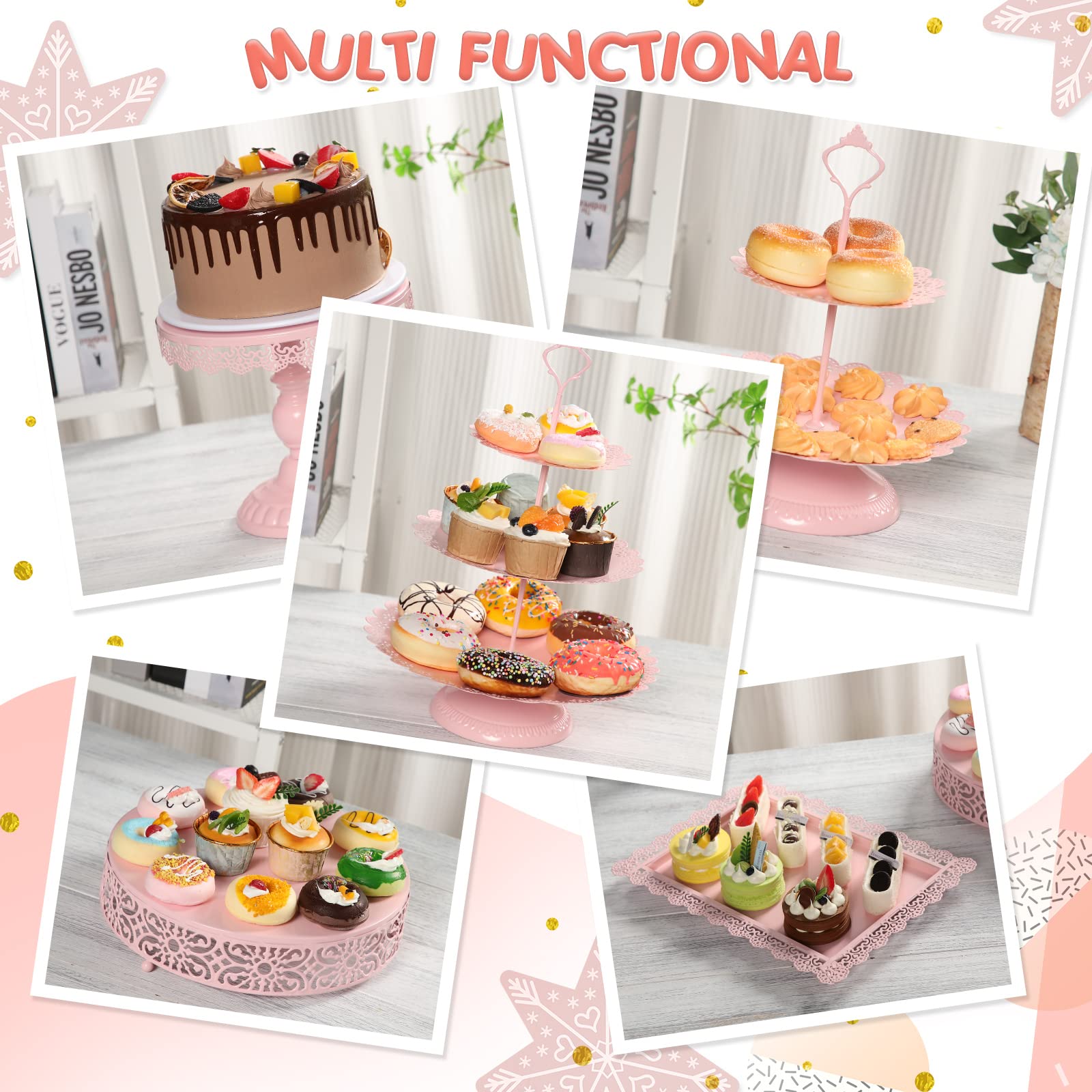 8 Pcs Cake Stands Set Metal Dessert Table Display Tiered Cupcake Holder Candy Donut Fruit Plate Cake Serving Tray Candlestick Display Treats Serving Tower for Wedding Birthday Party Decor (Pink)