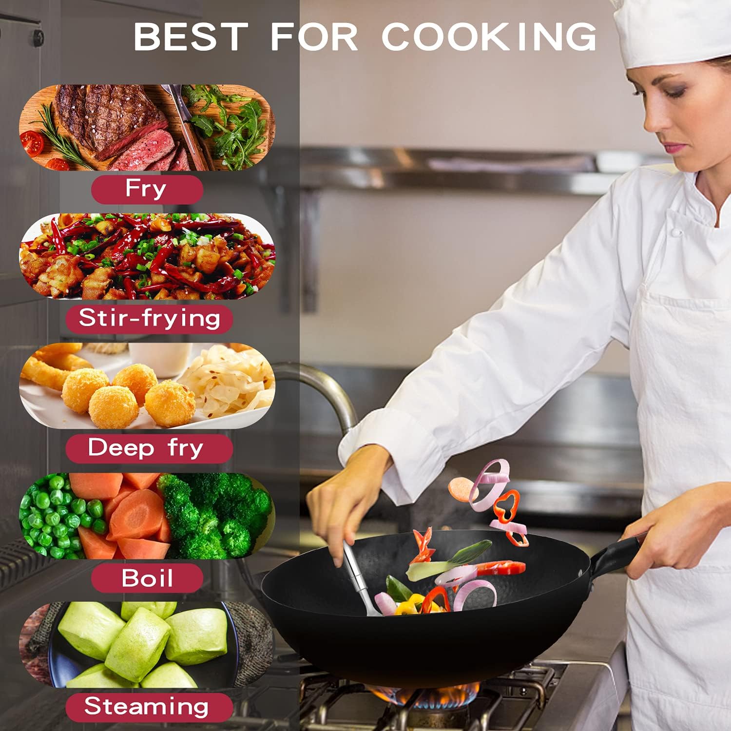 Babyltrl Wok Pan - 12.5" Woks and Stir Fry Pans, Carbon Steel Wok with Wooden Handle and Lid, 6 Cookware Accessories, Flat Bottom Pan Suits for All Stoves : Everything Else