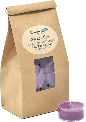 Sweet Pea - Velas de vela de soja, paquete de 12, velas de té moradas, altamente perfumadas, hechas con cera de soja, hechas a mano en los Estados