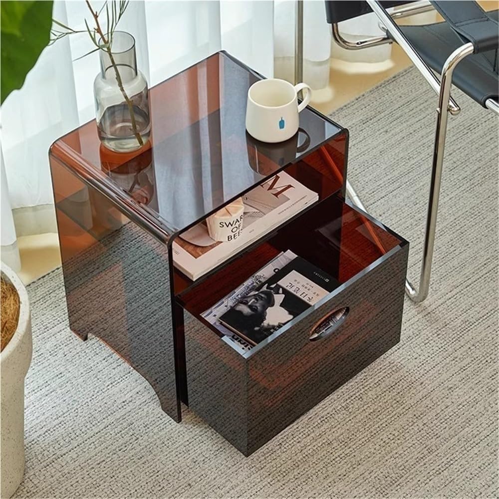 SXZenSpace Clear Acrylic Side Table with Rolling Drawer Modern Minimalist Nightstand Transparent End Movable for Living Room Solid Construction(Brown)