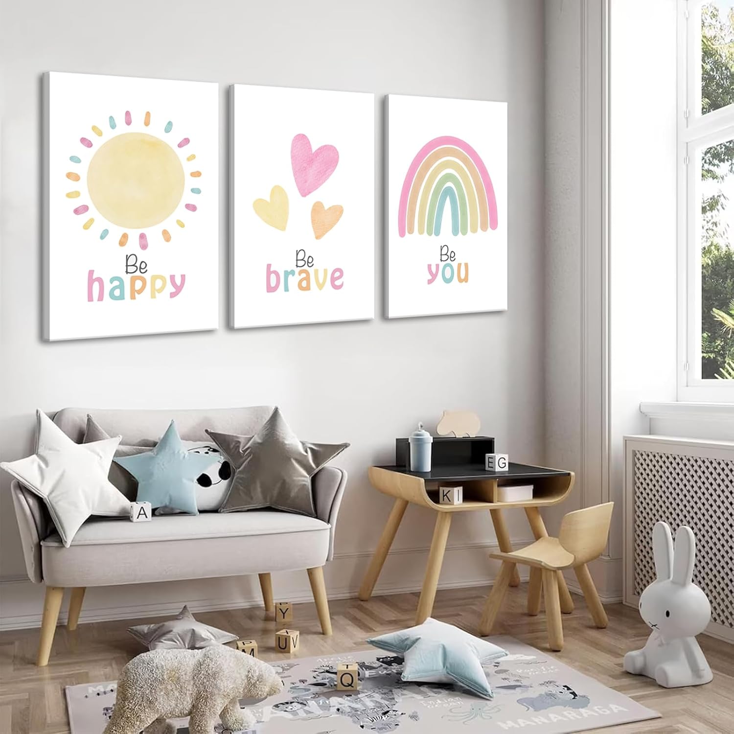 NMT 3Pcs Rainbow Nursery Canvas Wall Art Be Happy Be Brave Be You Posters Positive Quotes Boho Kids Room Wall Decor Pictures for Boy Girl Bedroom Classroom Playroom Decoration, 12x16in