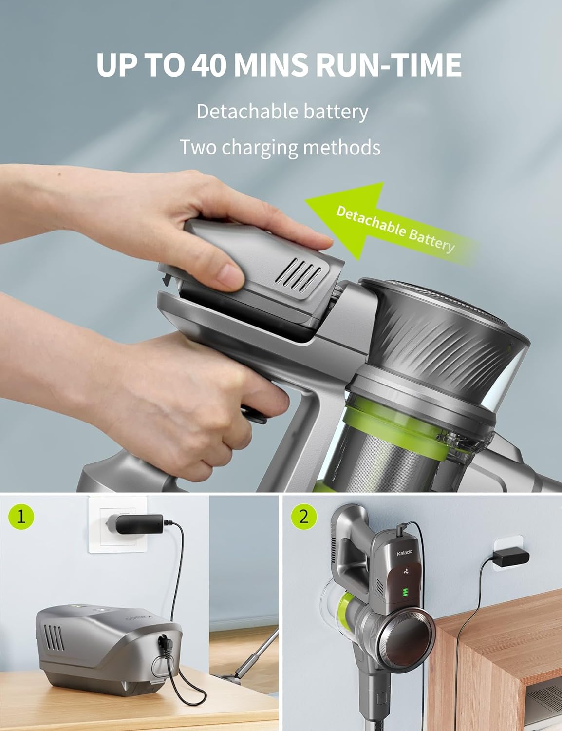 Close-up of the vacuum cleaner's LED display screen showing battery and mode indicators