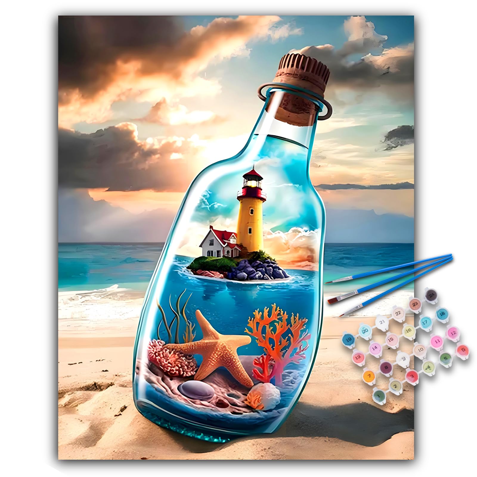 Offito Art Malen nach Zahlen Erwachsene - Küste Strand Acryl Paint by Numbers Adult, Glasflasche DIY Malen nach Zahlen Erwachsene Leinwand Anfänger, als Geschenk für die Wohnraumdekoration 40x50 cm