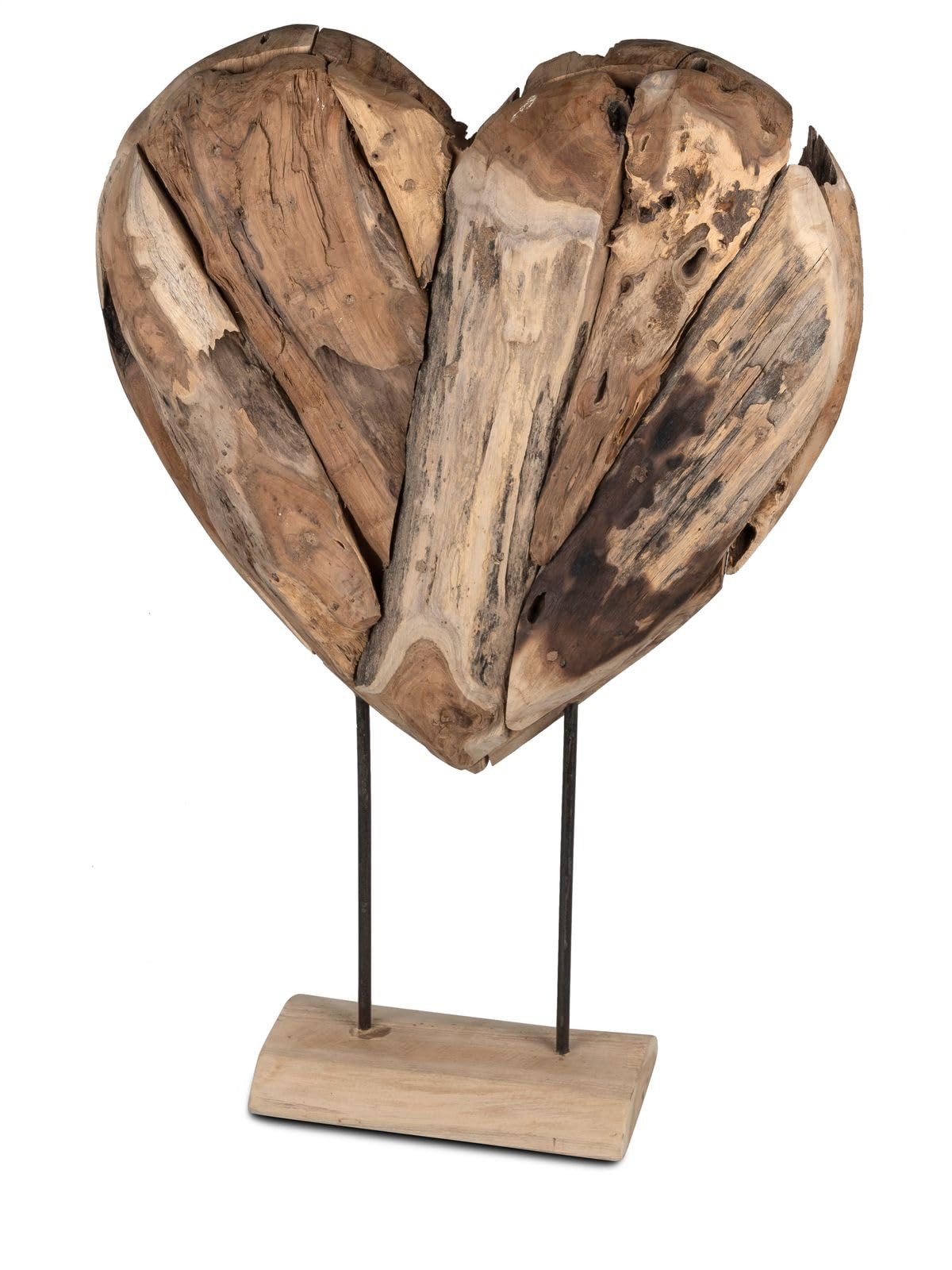 formano Deko Objekt Herz Holz Skulptur aus massivem Teakholz 75 cm auf Standfuß, modernes Wohnaccessoire mit Herzform für Sideboard, Regal & Büro