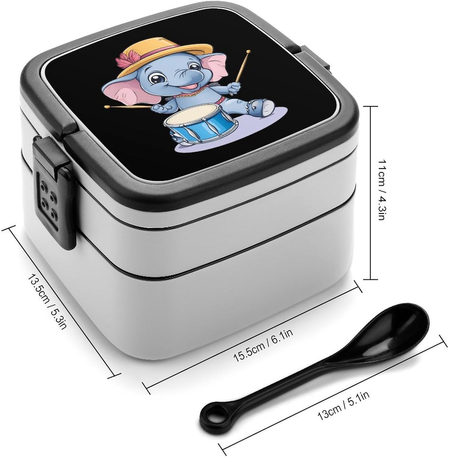 Elephant Drumming Bento Box with Spoon 2 Layer Food Container Cute Lunch Box for Travel Dining Work