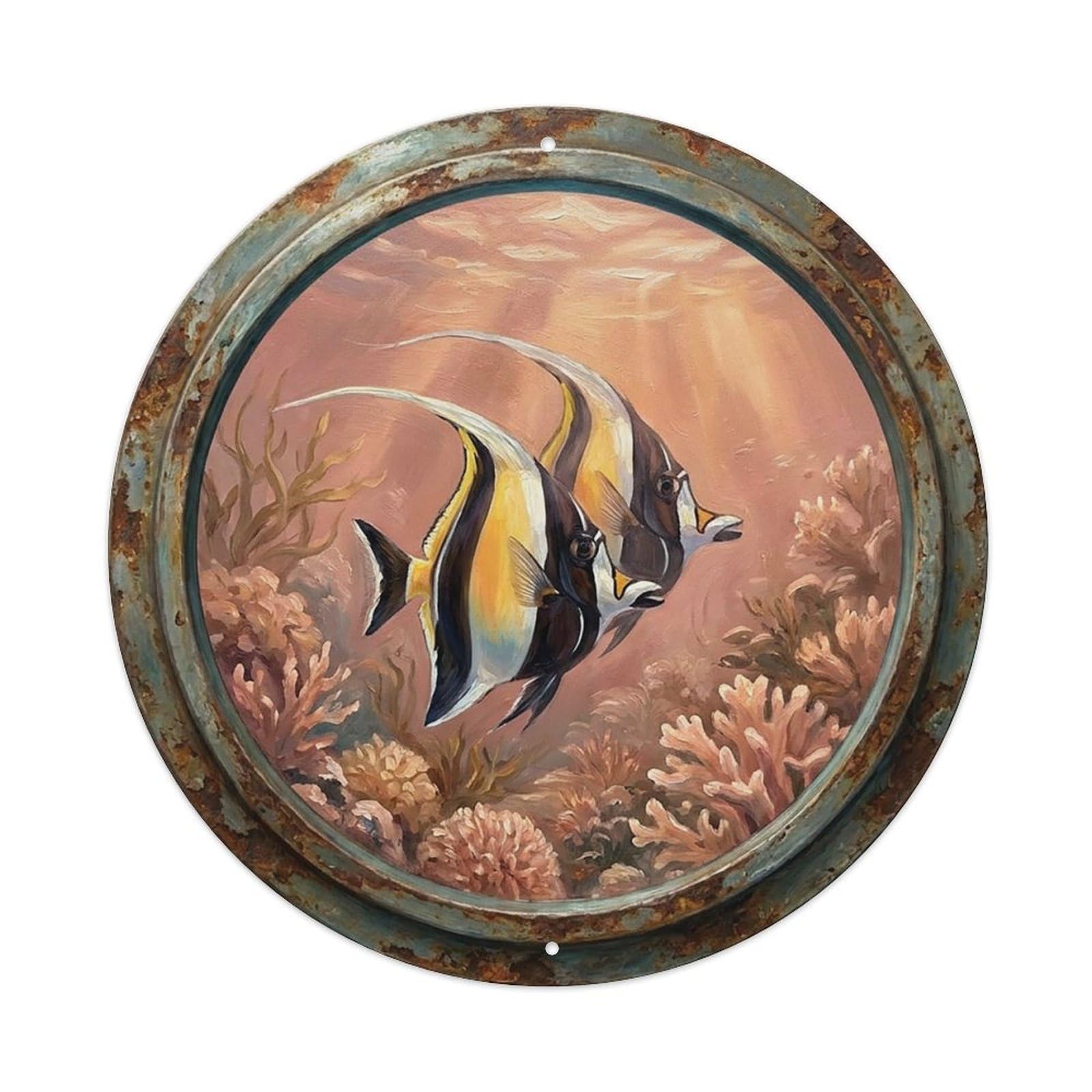 Vintage Porthole Pair Bonding Ship Window Under Deep Metal Tin Sign