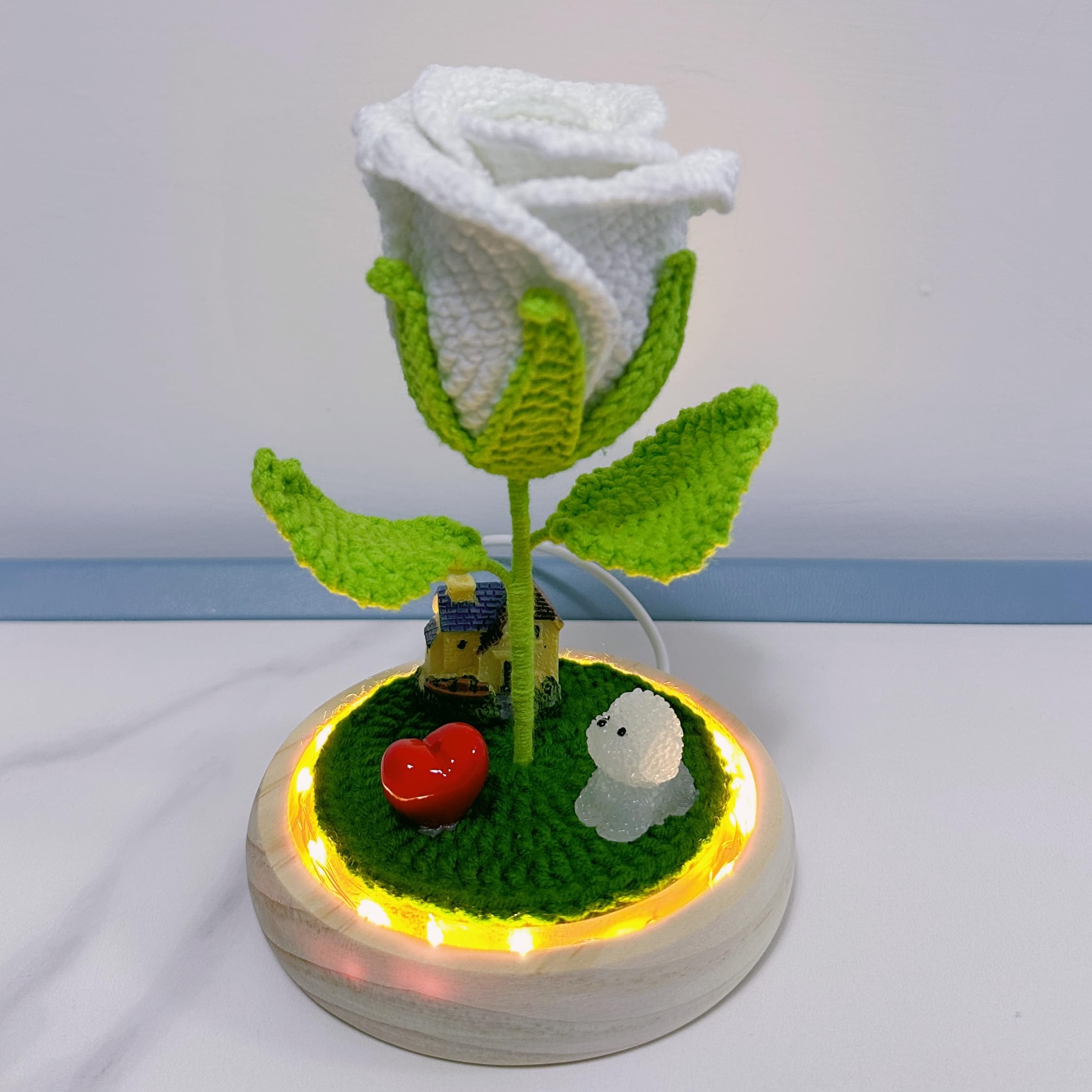 ALL SPECIAL Handmade Crochet Flowers Gifts for Mom, Office Desk Decor, Knitted Flower White Rose in Glass Dome with USB Powered with 2 Meter LED String Light…