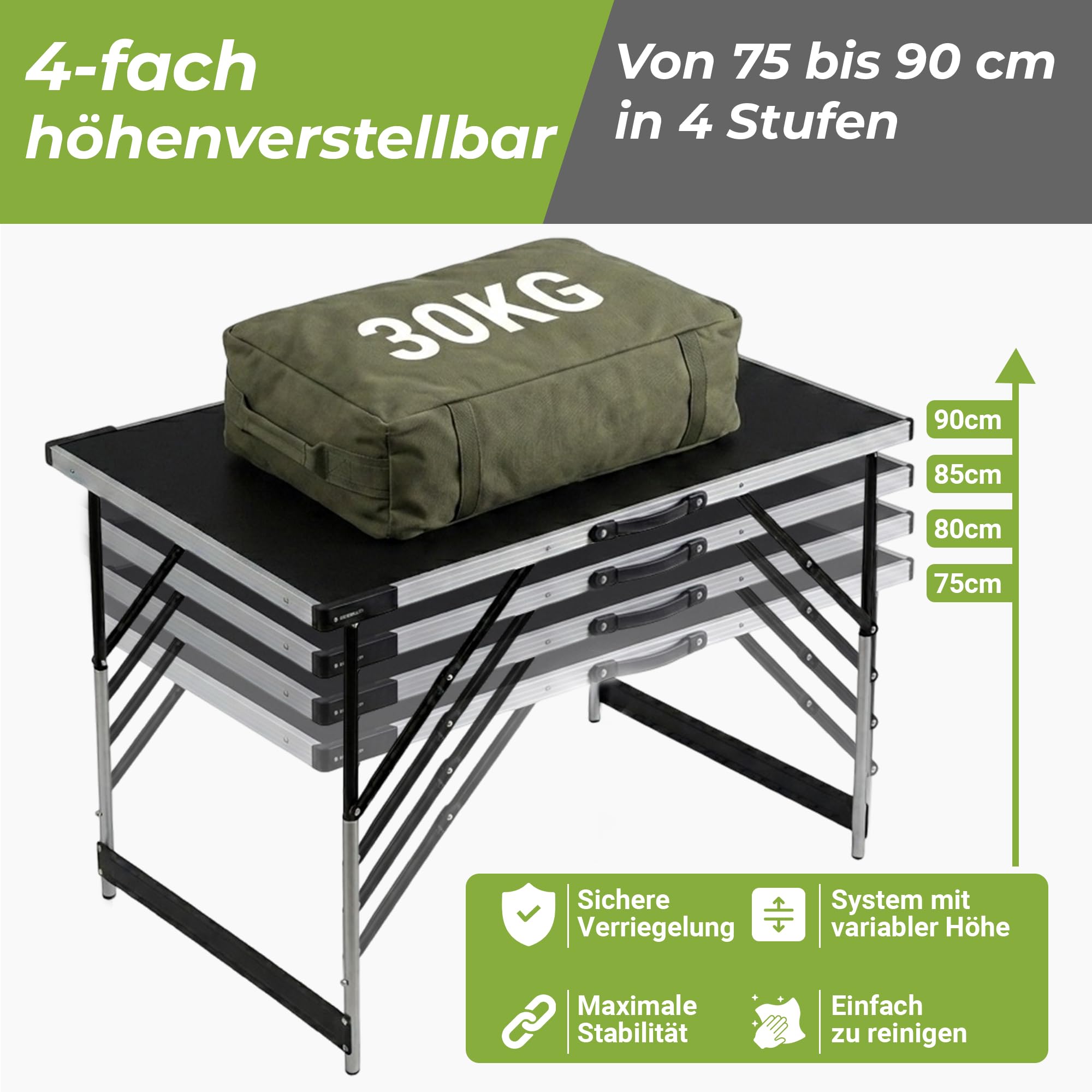 Mamba Tapeziertisch 3-teilig klappbar – Multifunktionstisch Set 100 x 60 cm, höhenverstellbar (75 – 94 cm), Alu-Rahmen, 90 kg Tragkraft, Power-Verstrebung – Flohmarkttisch Campingtisch Arbeitstisch