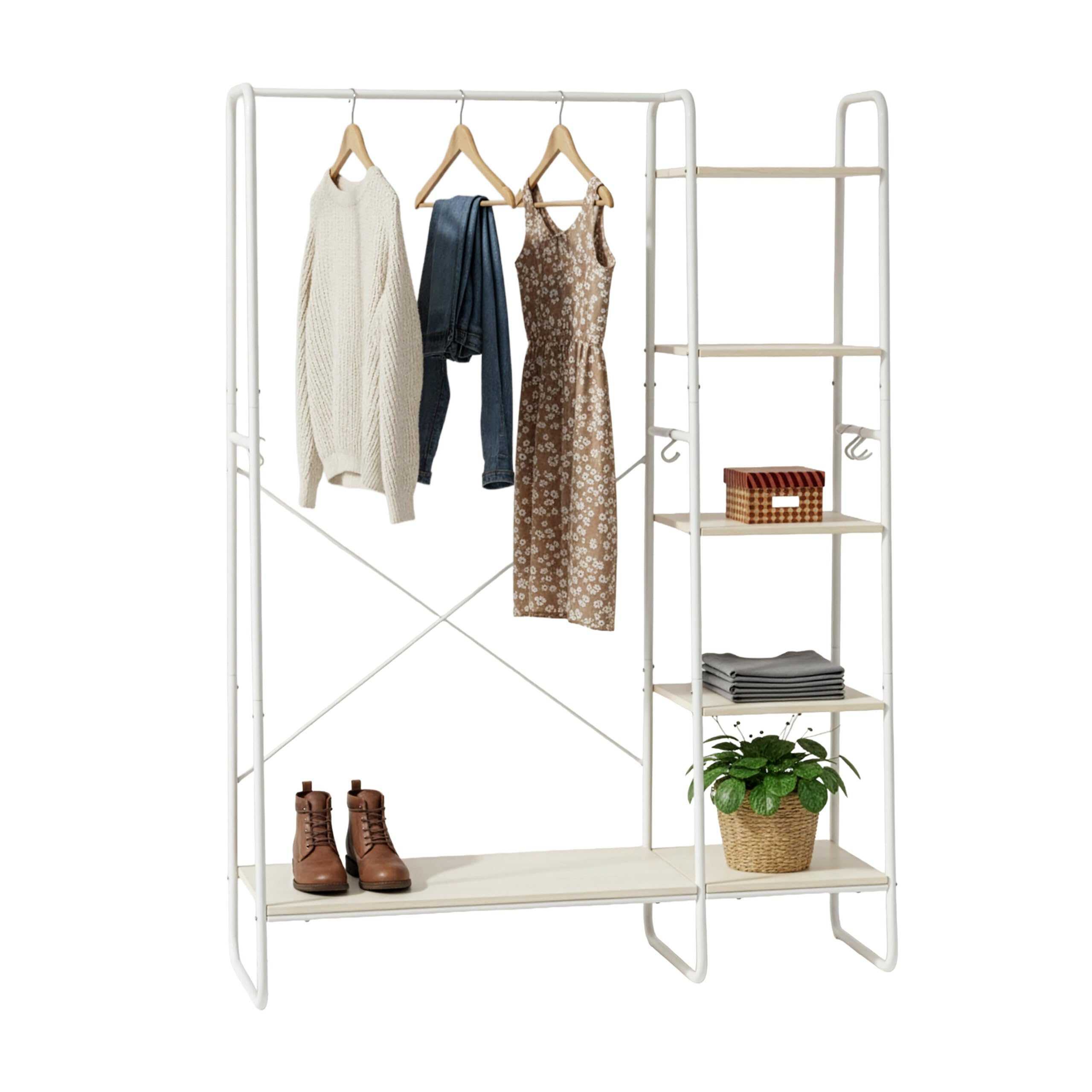 Relaxdays Perchero con 5 estantes, Barra y 6 Ganchos, Efecto Madera, 160x120x45 cm, Blanco/Natural