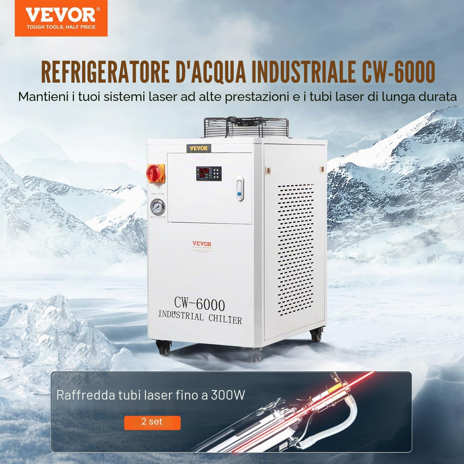 VEVOR Raffreddatore ad acqua industriale, CW6000, sistema di raffreddamento ad acqua 1500 W con compressore, capacità del serbatoio dell'acqua 15 l, portata massima 65 l/min, per macchina di