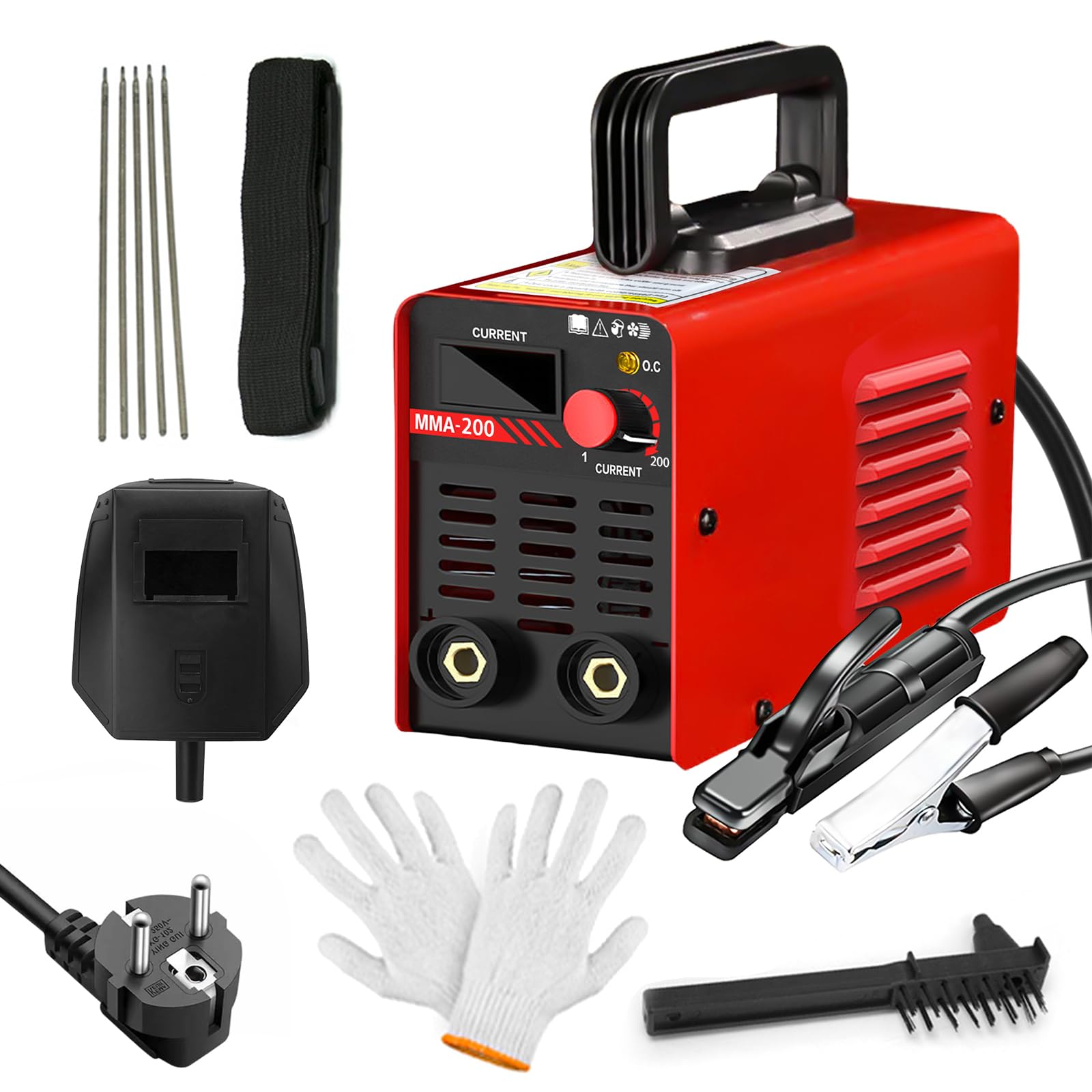Soldadora de electrodo MMA de 200 A, soldadora de arco de 220 V con pantalla LED, kit con casco de soldadura, martillo para escoria, cepillo con arranque en caliente