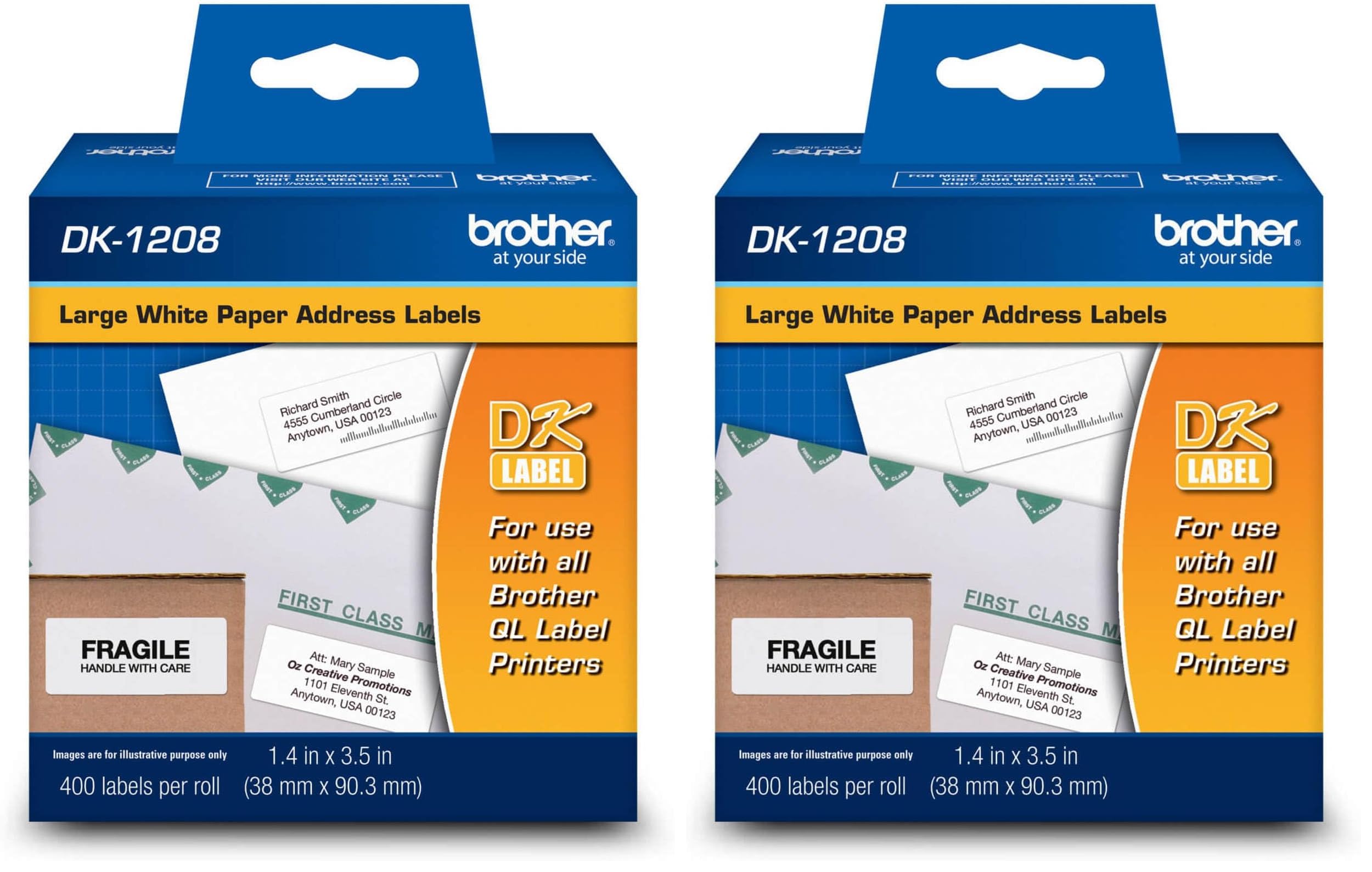 Brother, Die-Cut Large Address Labels, DK-1208, Brother Genuine Labels, Long Lasting Reliability, Die-Cut Large Address Paper Labels, 400 Labels per Roll, (1) Roll per Box (Pack of 2)
