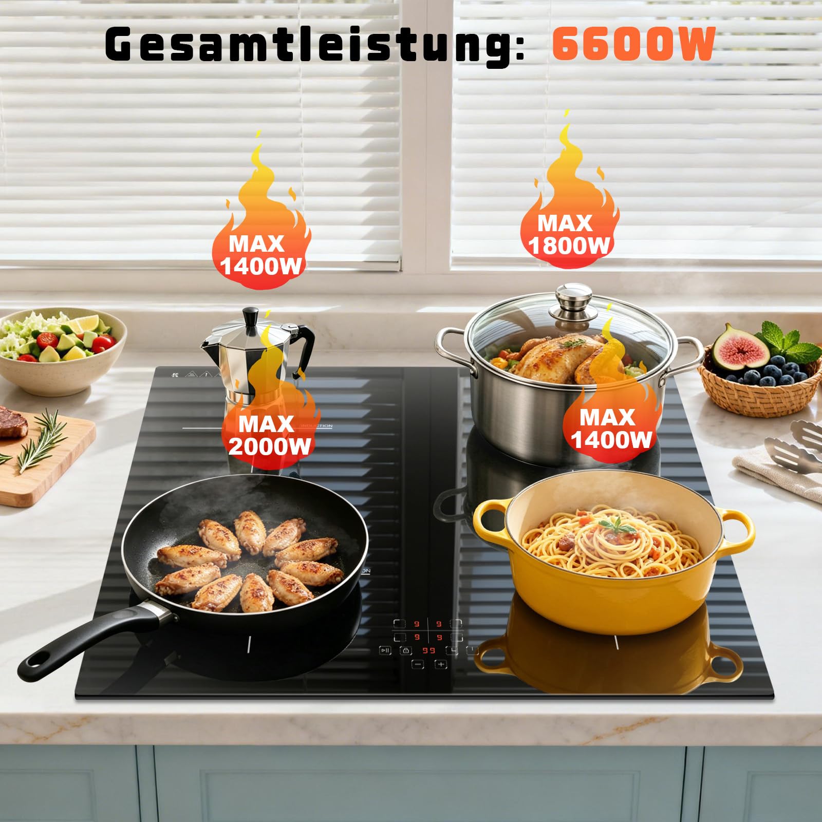 Induktionskochfeld mit Timer und Einbaubackofen mit Drehknopfsteuerung