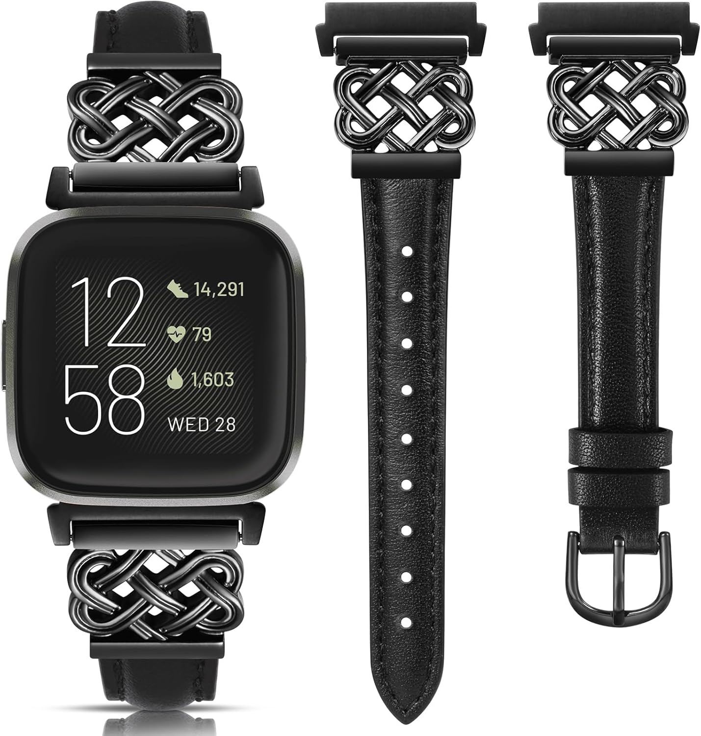 TOYOUTHS Celtic Knot Leather Band Compatible with Fitbit Versa 2/Versa/Versa Lite/SE Band Women, Slim Dressy Thin Designer Premium Leather Strap with Interlock Buckle for Fitbit Versa 2 Smartwatch