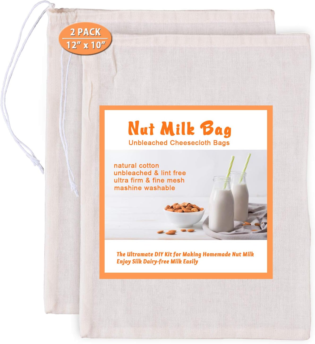 Nut Milk Bags for Straining Almond Milk, Yogurt, Juice -2 Pack Medium 12"x10" Juyomox Premium Natural Cotton Cheesecloth Bags - Reusable Fine Mesh Cloth Strainer with Easy open Drawstring