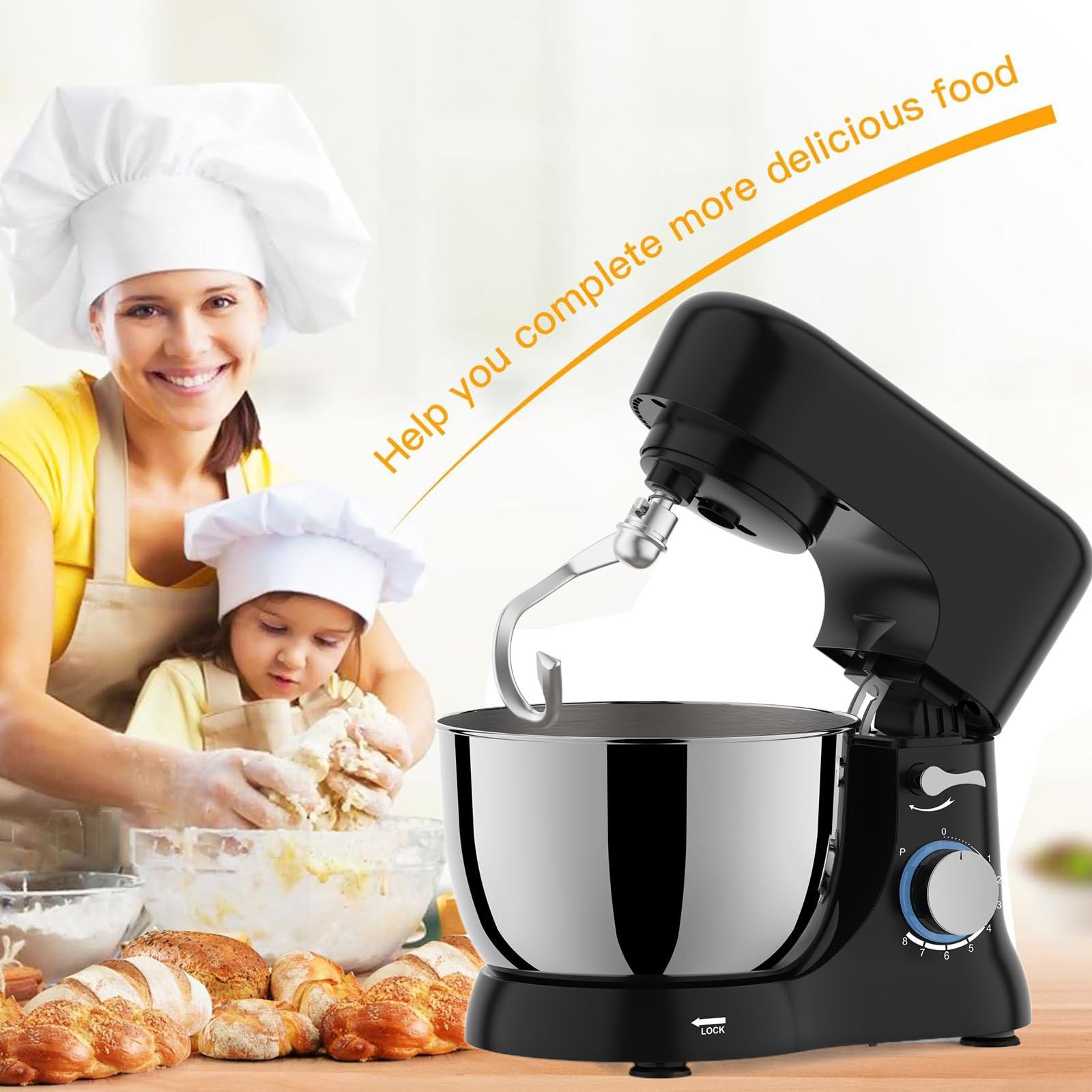 Batidora Eléctrica con Base, 4.5 QT, Gancho para Masa, Accesorios para Batidor Plano, 6 Velocidades con Batidor, para Hornear y la Mayoría de los Cocineros Caseros,110V550W