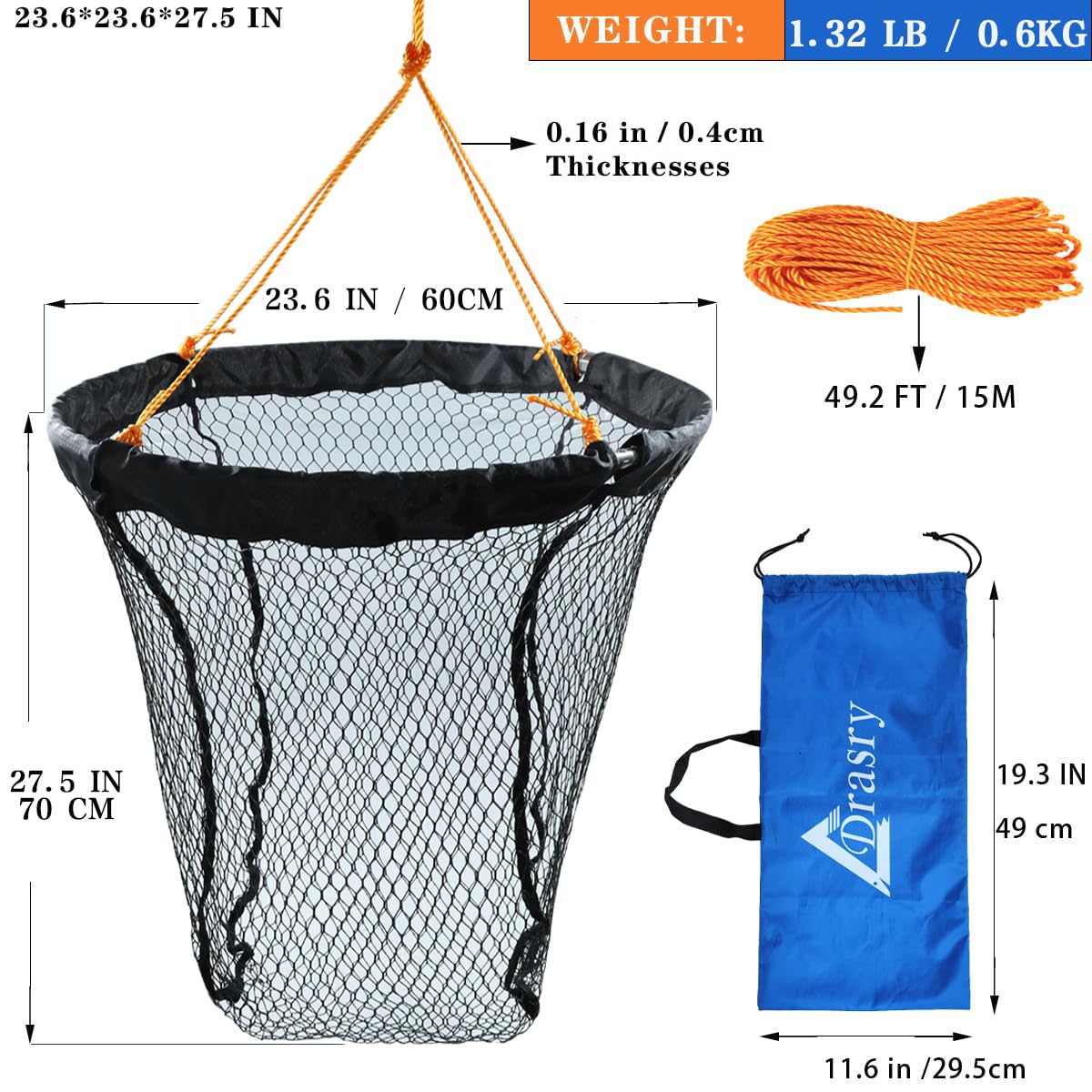 Drasry Red de aterrizaje plegable para puente y muelle – Red de caída de anillo de aluminio de alta carga para agua salada y agua dulce – Cesta plegable con cuerda de 49.2 pies