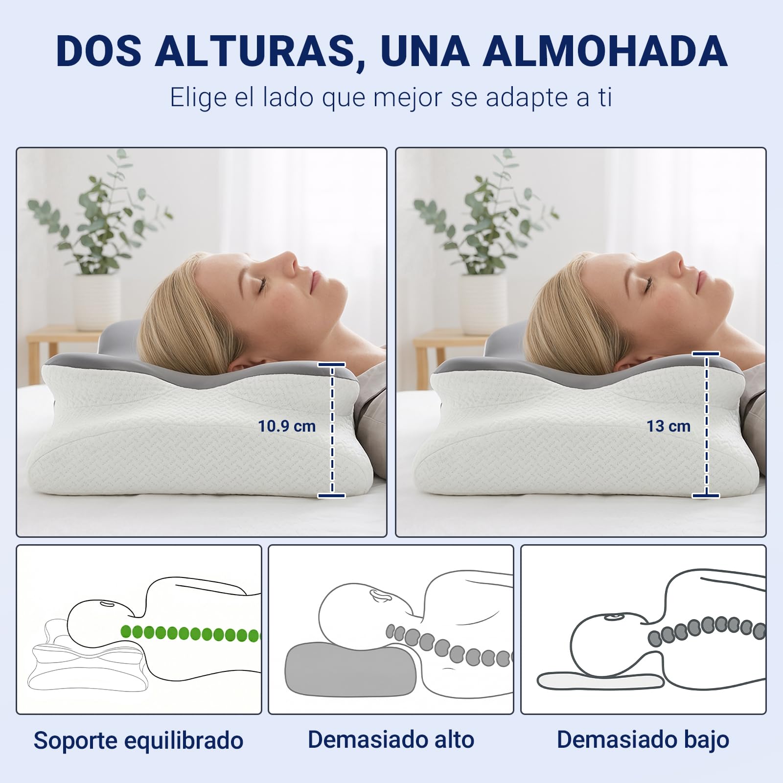 COSYLAND Almohada Cervicales y Cuello - Espuma Viscoelástica, Diseño Mariposa con Soporte Ergonómico y Transpirable, para Dormir de Lado, Boca Arriba y Boca Abajo, 63 x 34 x 11/13 cm