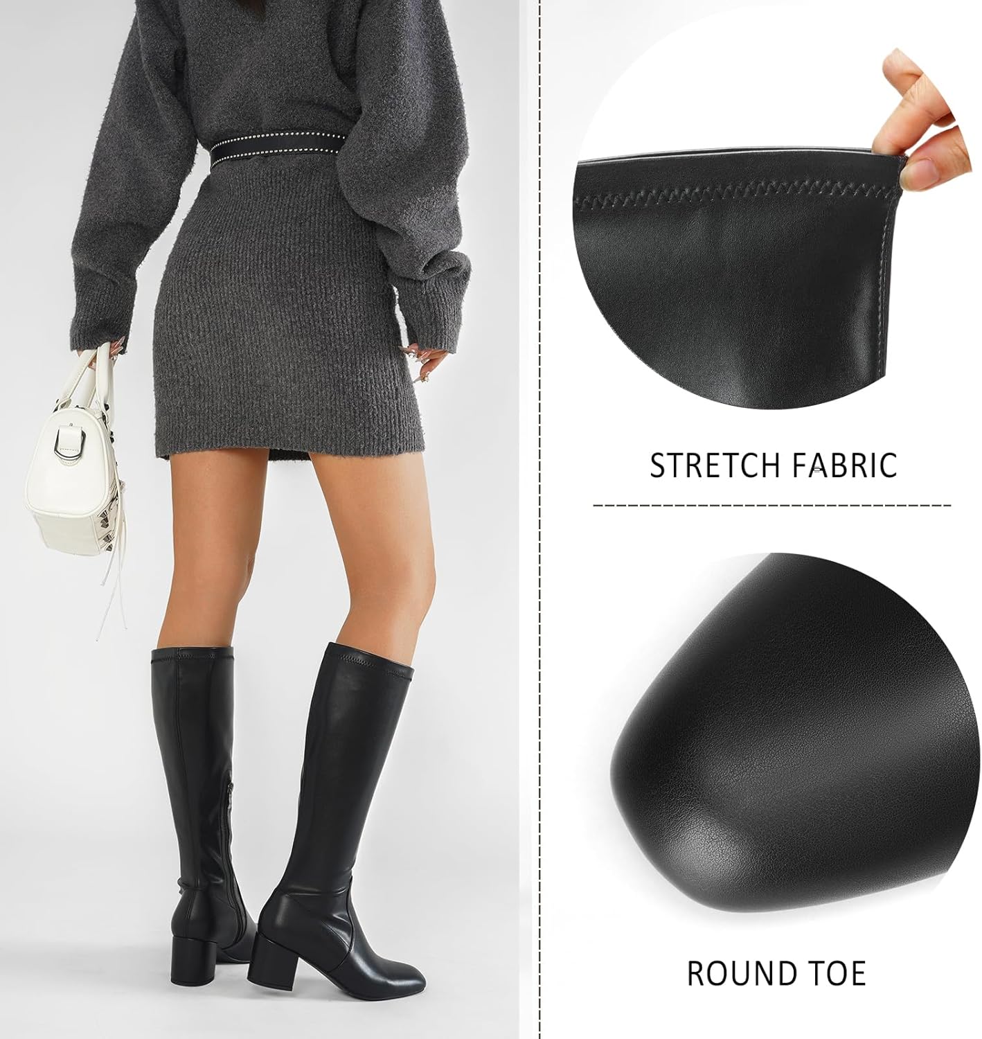 Cozivwaiy Knee High Boots For Women Black Chunky Heels Tall Boot Round Toe Mid Heel Comfortable Dress Shoes With Buckle Back Zipper