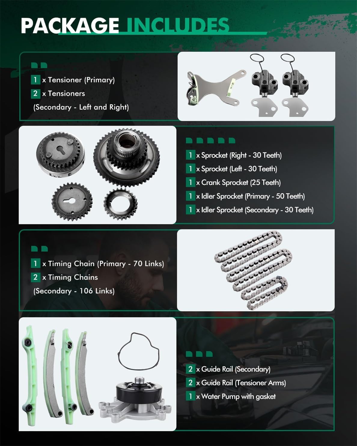 Engine Timing Chain Kit with Water Pump - 90393S Fit For 00-01 for Dodge Dakota 4.7L 00-02 for Dodge Durango 4.7L 02 for Dodge for Ram 1500 4.7L 99-04 for Jeep Grand Cherokee 4.7L