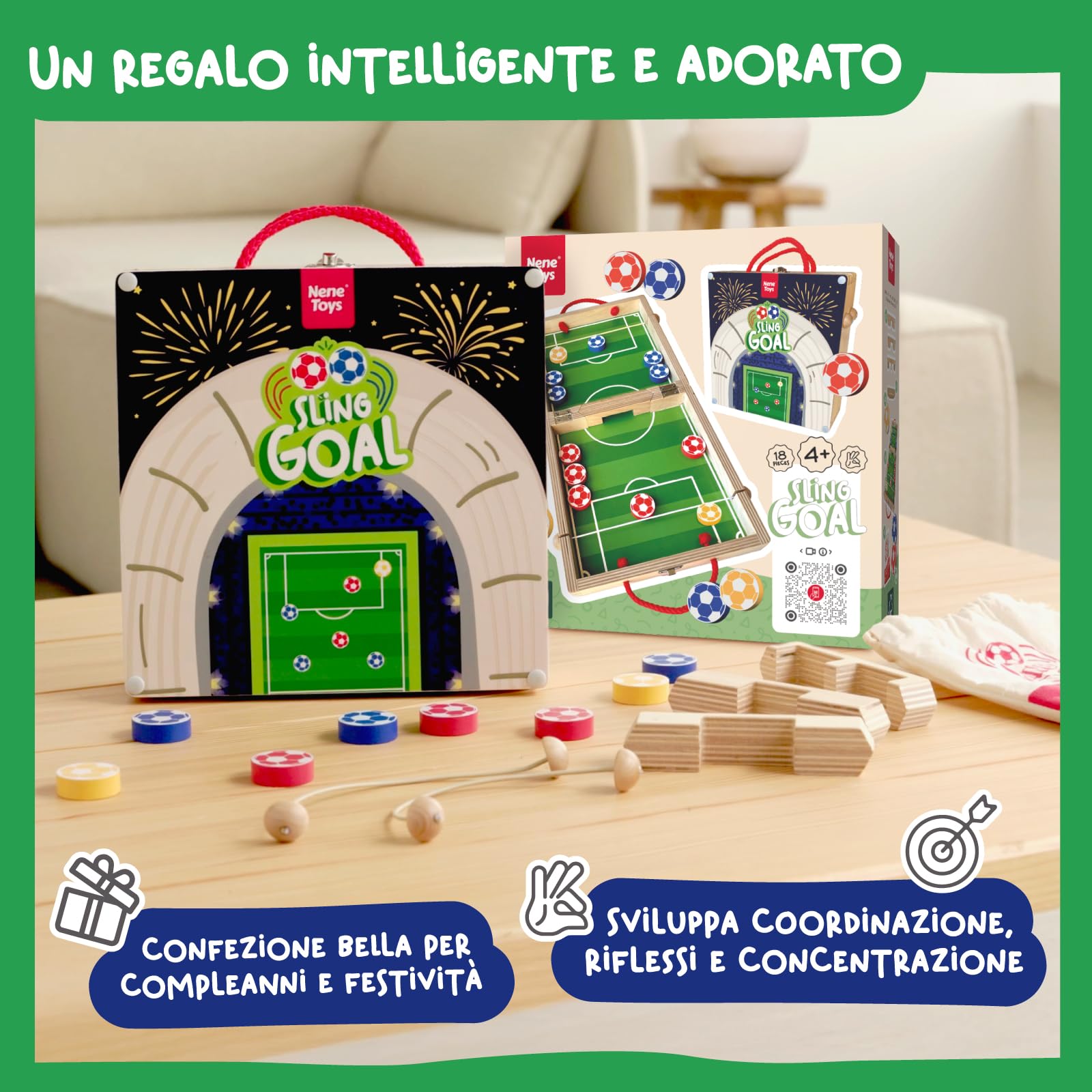 Nene Toys Sling Goal – Gioco da Tavolo Familiare per Bambini dai 4 Anni e Adulti – Stile Calcio Balilla in Legno – Gioco di Calcio da Viaggio, Interni ed Esterni – Regalo Bambino e Bambina 4–12 Anni