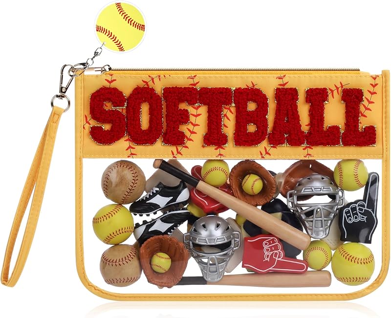 Kacctyen Necessaire de maquiagem transparente com patch de chenille e pingente de softball, amarela