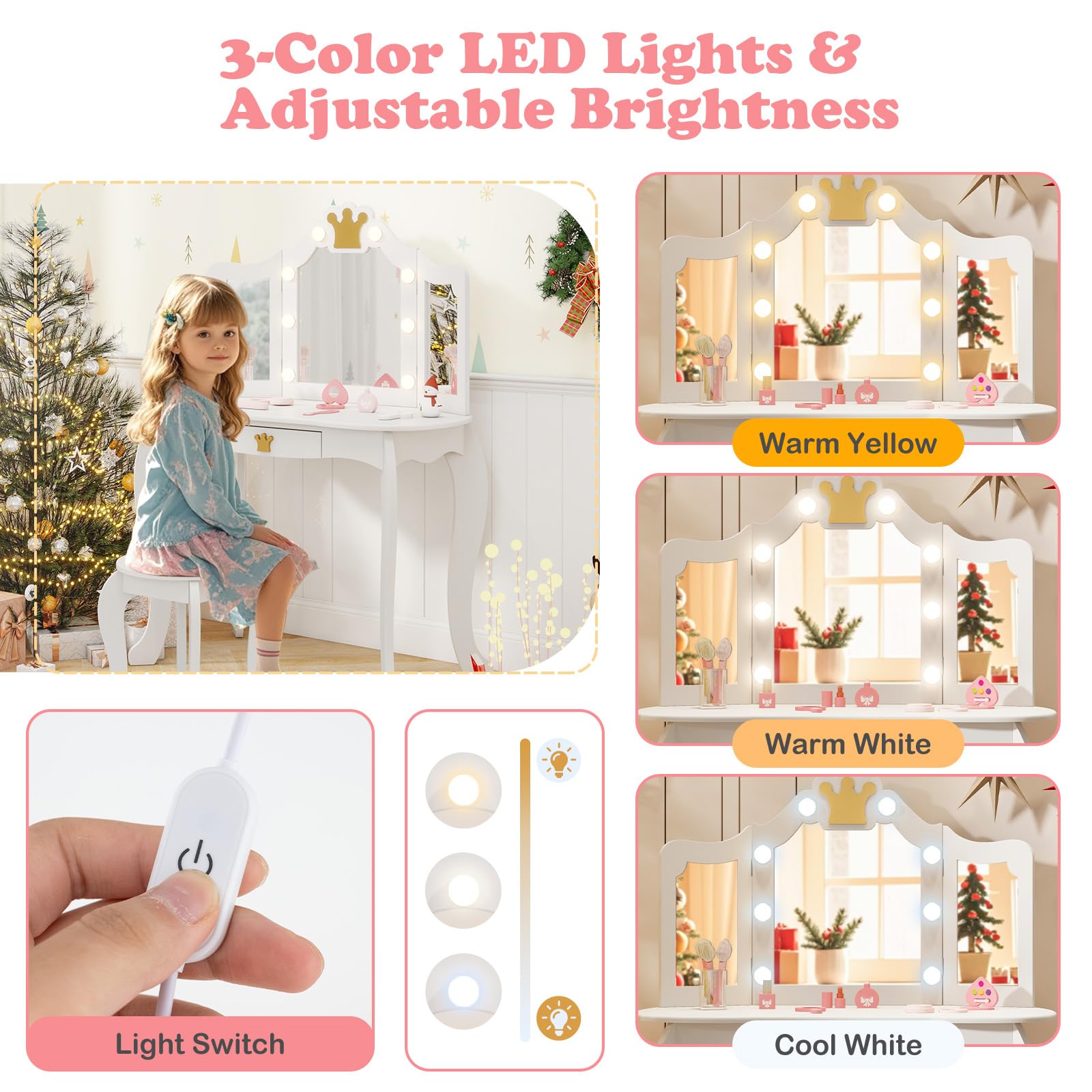 LIFEZEAL Juego de tocador Infantil, Mesa de Maquillaje con Taburete para niña, tocador con 8 Bombillas y Espejo Plegable, Set de Mesa y Silla con cajón