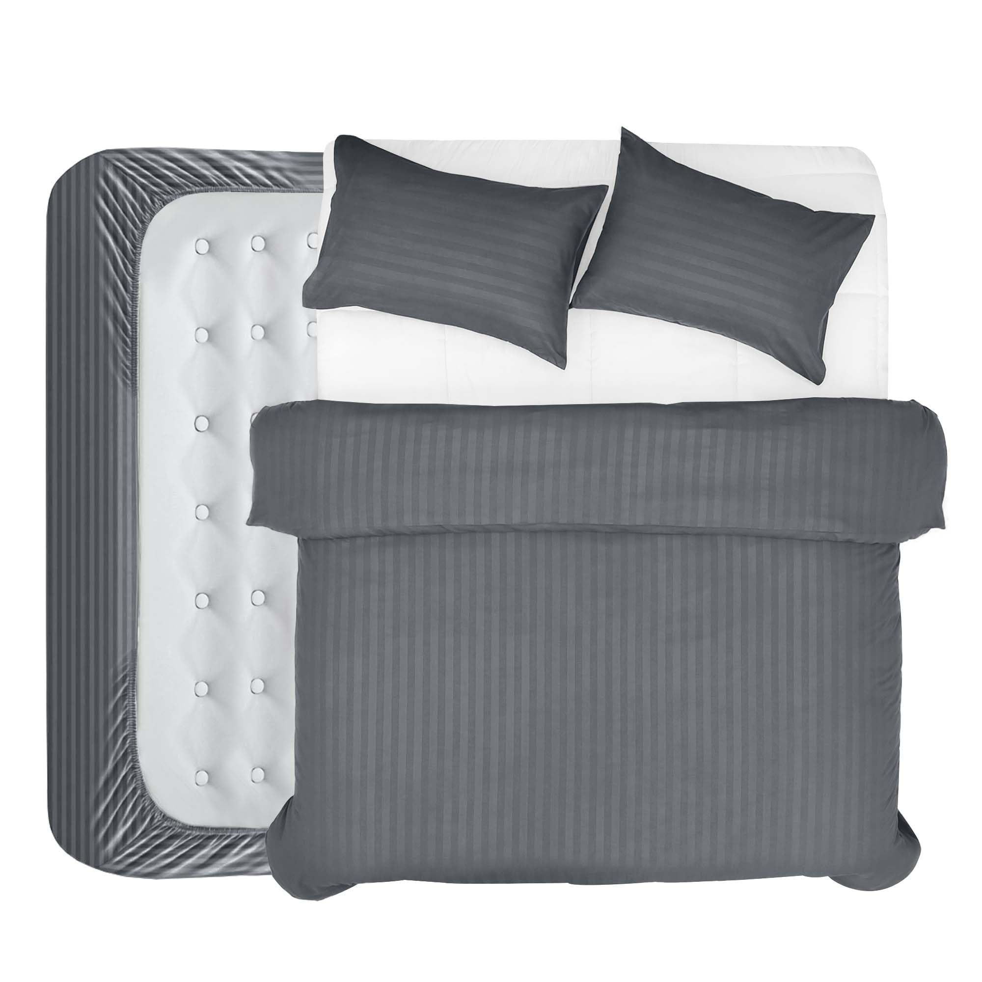 BedLooms 4 Piece Double Duvet Set - Duvet Cover and Fitted Sheet with Pillow cases - Satin Stripes Soft Brushed Microfiber (Grey)