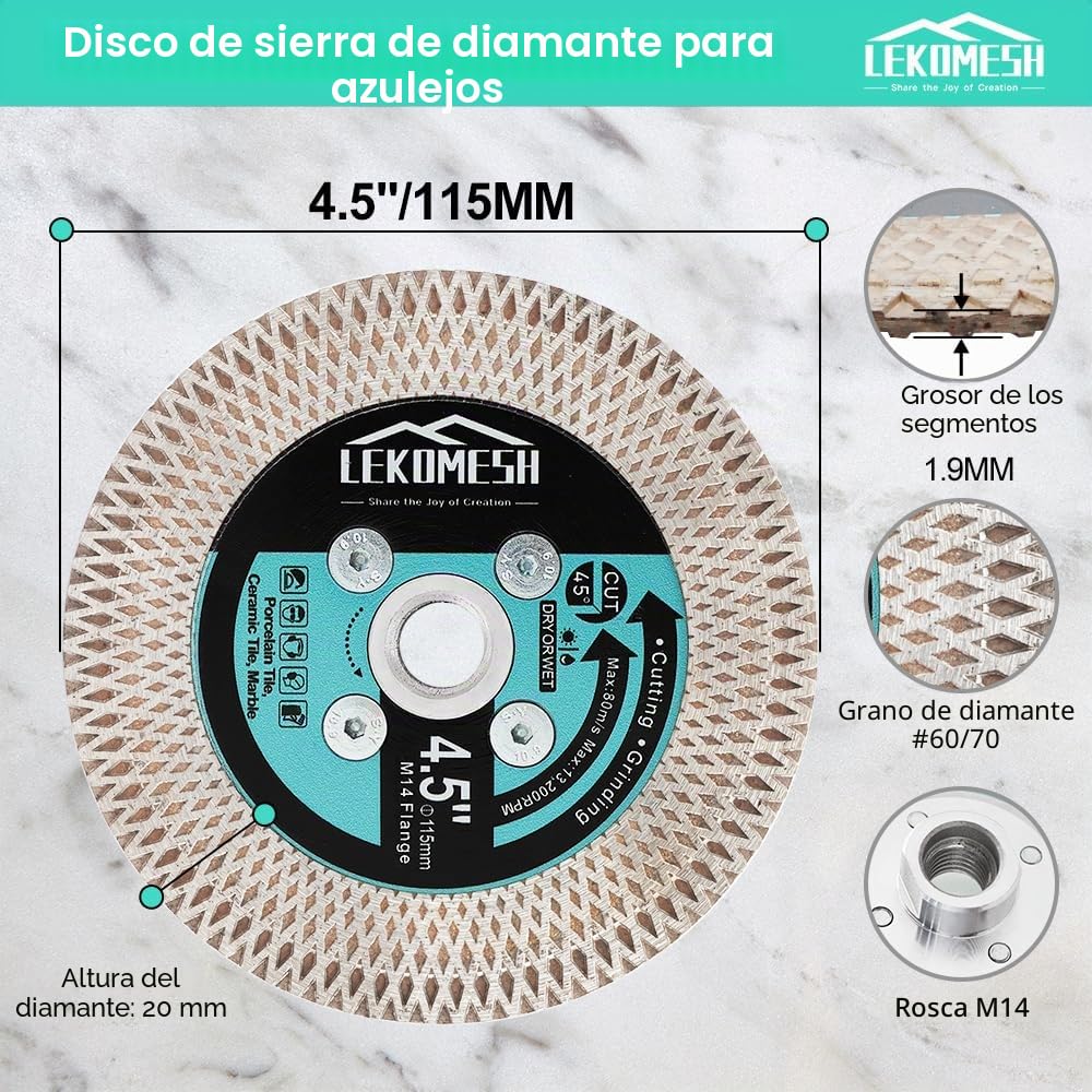 Discos Diamante 115MM para Porcelanico - Doble Cara Disco de Corte y Rectificado Diamante Ultrafino LEKOMESH para Cortar Esmerilar Cerámica Azulejos Mármol Granito,Rosca M14,X Malla