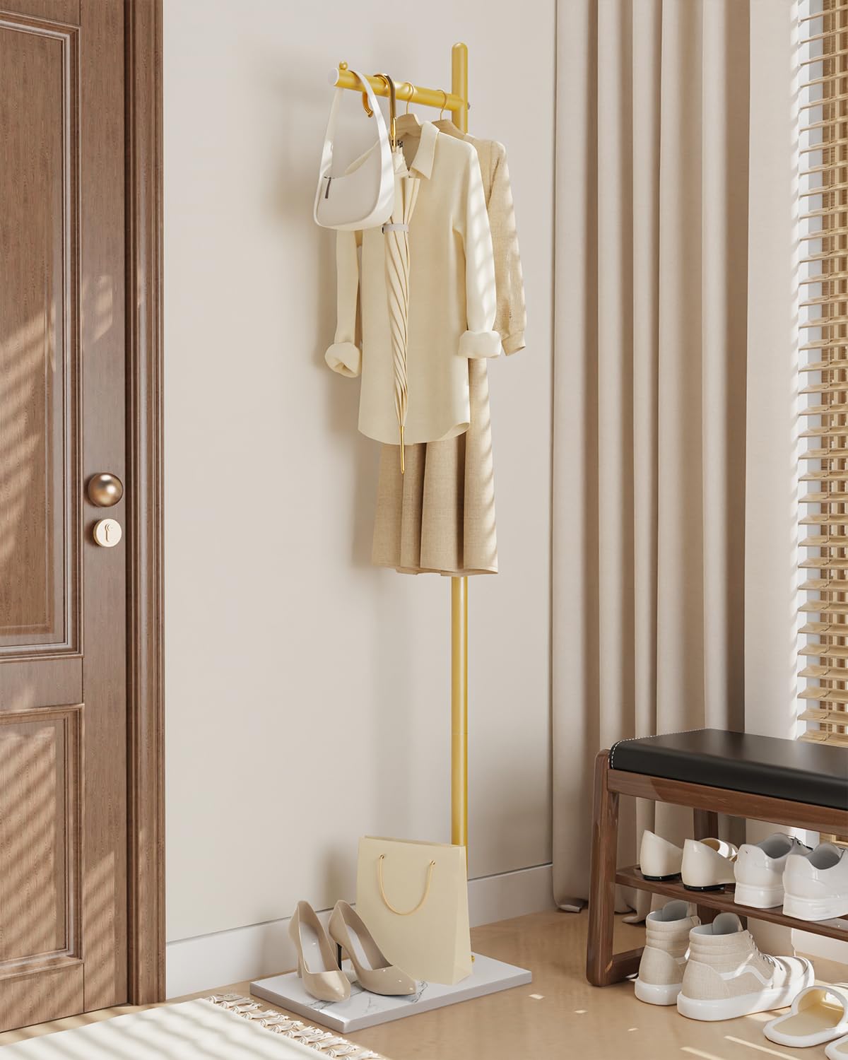 Yawinhe Métal Portant Manteau, Porte Vêtements en Forme d'Arbre, Portemanteaux Moderne avec Socle en Pierre, Rangement pour Vêtements, Sacs et Chapeaux, 39×26×174cm, Doré, SMJ101J
