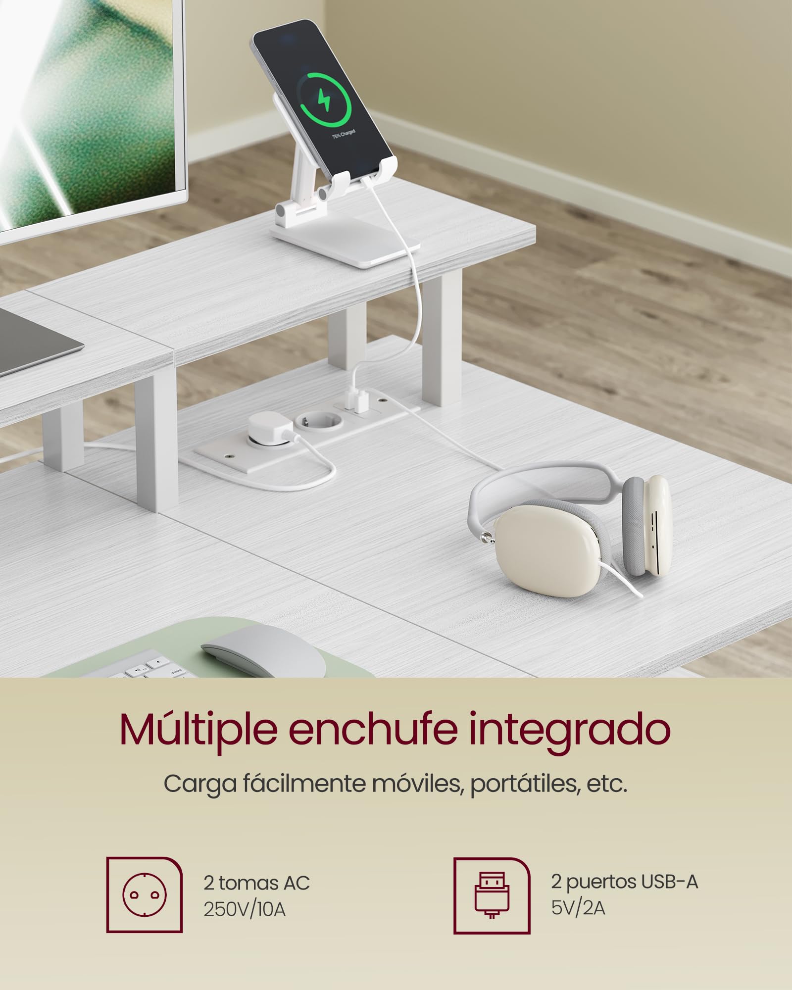 VASAGLE Escritorio, con Cajones de Tela, Mesa de Ordenador con Soporte para Pantalla, Regleta, 2 Puertos USB, para Oficina en Casa, 120 x 60 cm, Blanco Arce LWD093W01V1