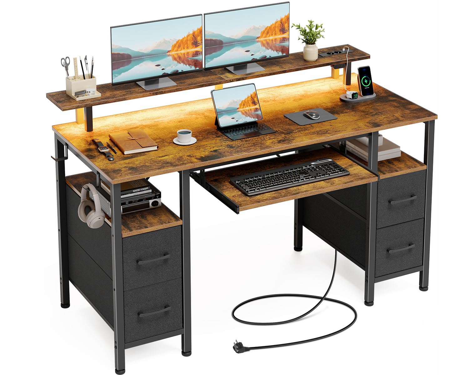 Seventable Computertisch 120 cm mit LED-Leuchten und Steckdosen, Home-Office-Schreibtisch mit 4 Schubladen, Schreibtisch mit Tastaturablage, Arbeitsschreibtisch mit Monitorständer (Vintagebraun)