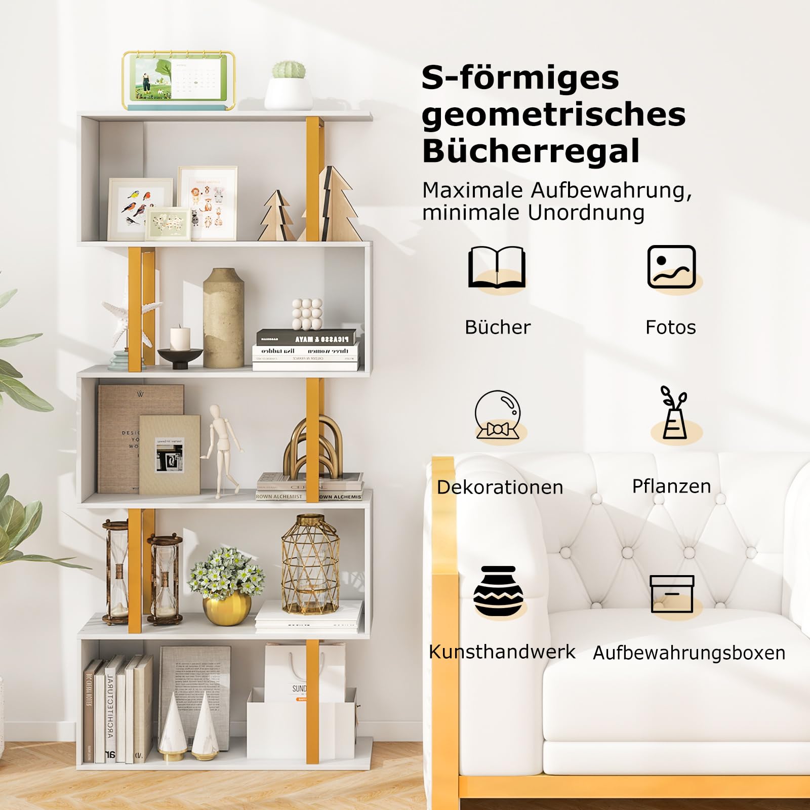 COSTWAY Regał na książki, biały, regał stojący z 5 poziomami w kształcie litery S, wolnostojący, regał do przechowywania, ścianka działowa, do salonu, gabinetu, biura, 70 x 24 x 157 cm, obciążenie 120