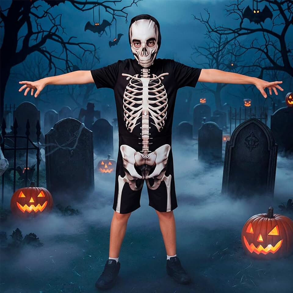 Fantasia de Halloween Esqueleto Infantil Macacão Curto Caveira Estampada