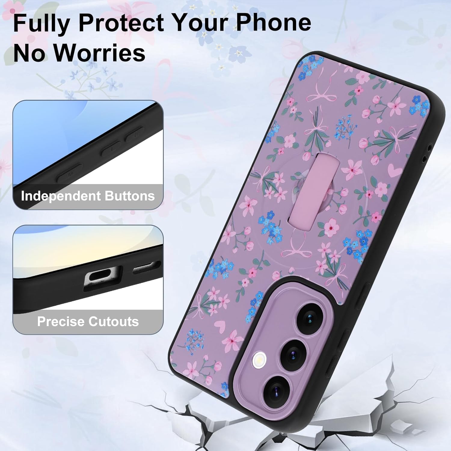 for Samsung Galaxy S25 Case, Finger Strap Kickstand[Compatible with MagSafe] Cute Pink Flower Heart Bowknot Print for Women Girls, Full Camera Protection Aesthetic Shockproof TPU,Purple
