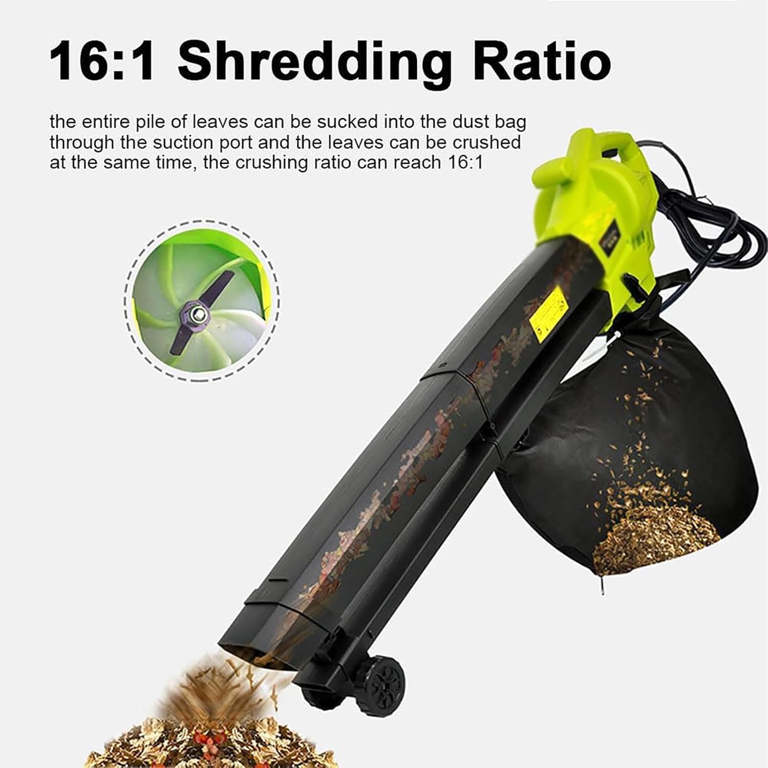 Soplador y trituradora de Hojas de jardín, soplador de Hojas con Bolsa recolectora de Hojas de 40 litros, relación de trituración 16:1, para Patio, césped, jardín y paisajismo