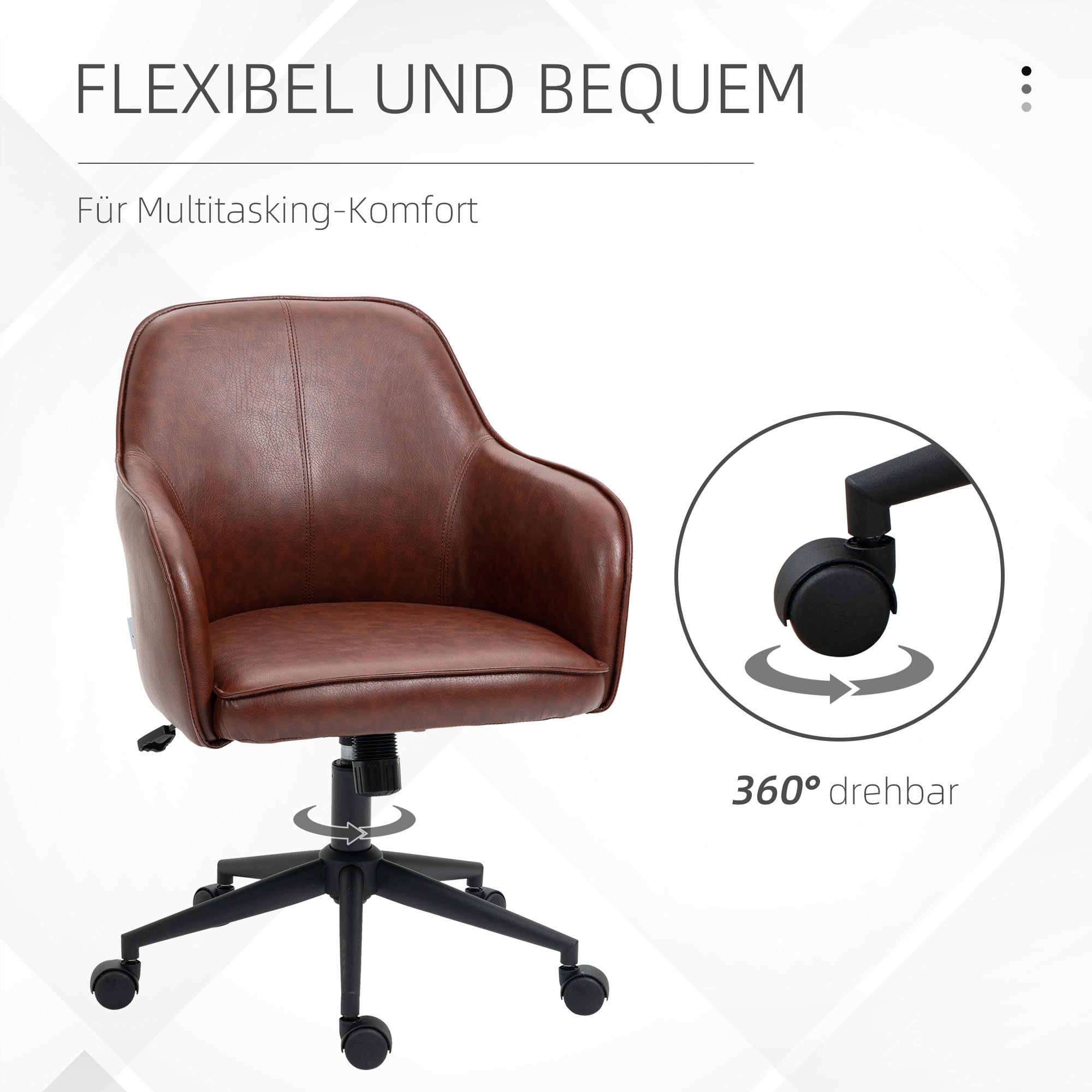 Vinsetto Bürostuhl mit Wippfunktion, Rollen, 83-91 cm, Drehstuhl, Braun