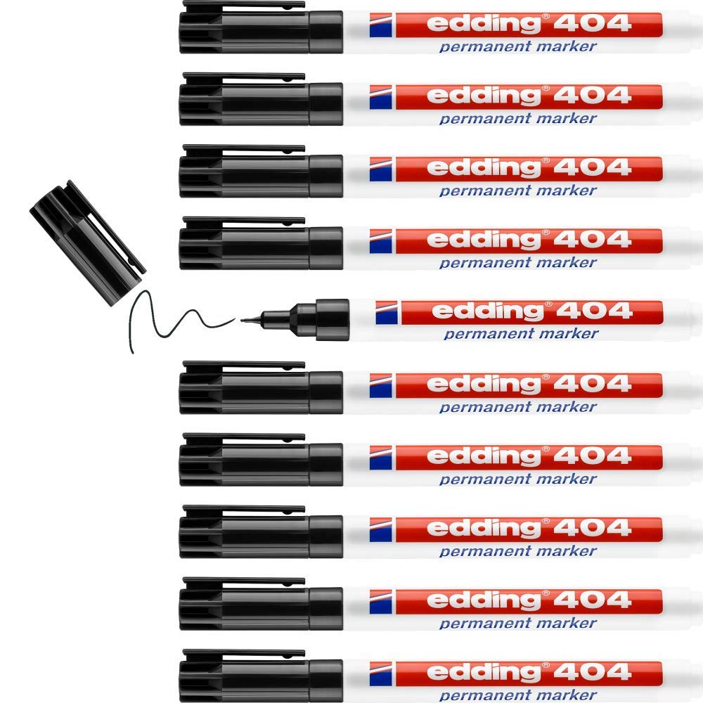 edding 404 marcador permanente, negro, 10 rotuladores, punta fina redonda 0,75 mm, resistente al agua, de secado rápido, rotuladores indelebles, para cartón, plástico, madera, metal, vidrio