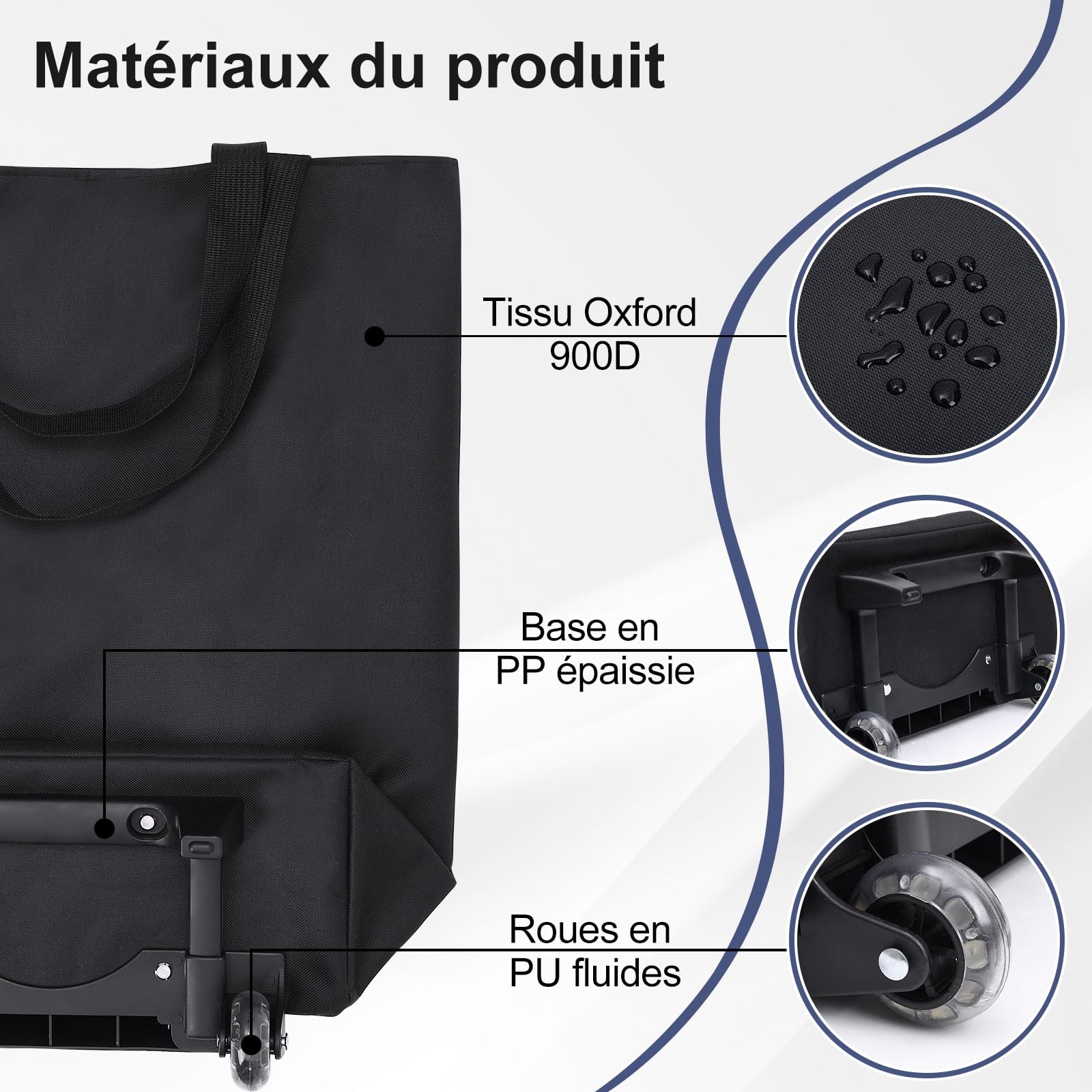 MOONCY Chariot de Courses 2-en-1, Caddie de Courses Pliable 30L, Sac de Courses léger à roulettes pour Le Camping, Les Voyages et la buanderie, Noir