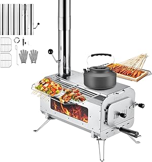 KingCamp Hot Tent Stove, Foldable Camping Stove with Large Firebox, 5.6ft Winter Camping Stove for Tent, Shelter, Cabin Heating, With Chimney Pipes, Heat Resistant Glass & Gloves for Outdoor